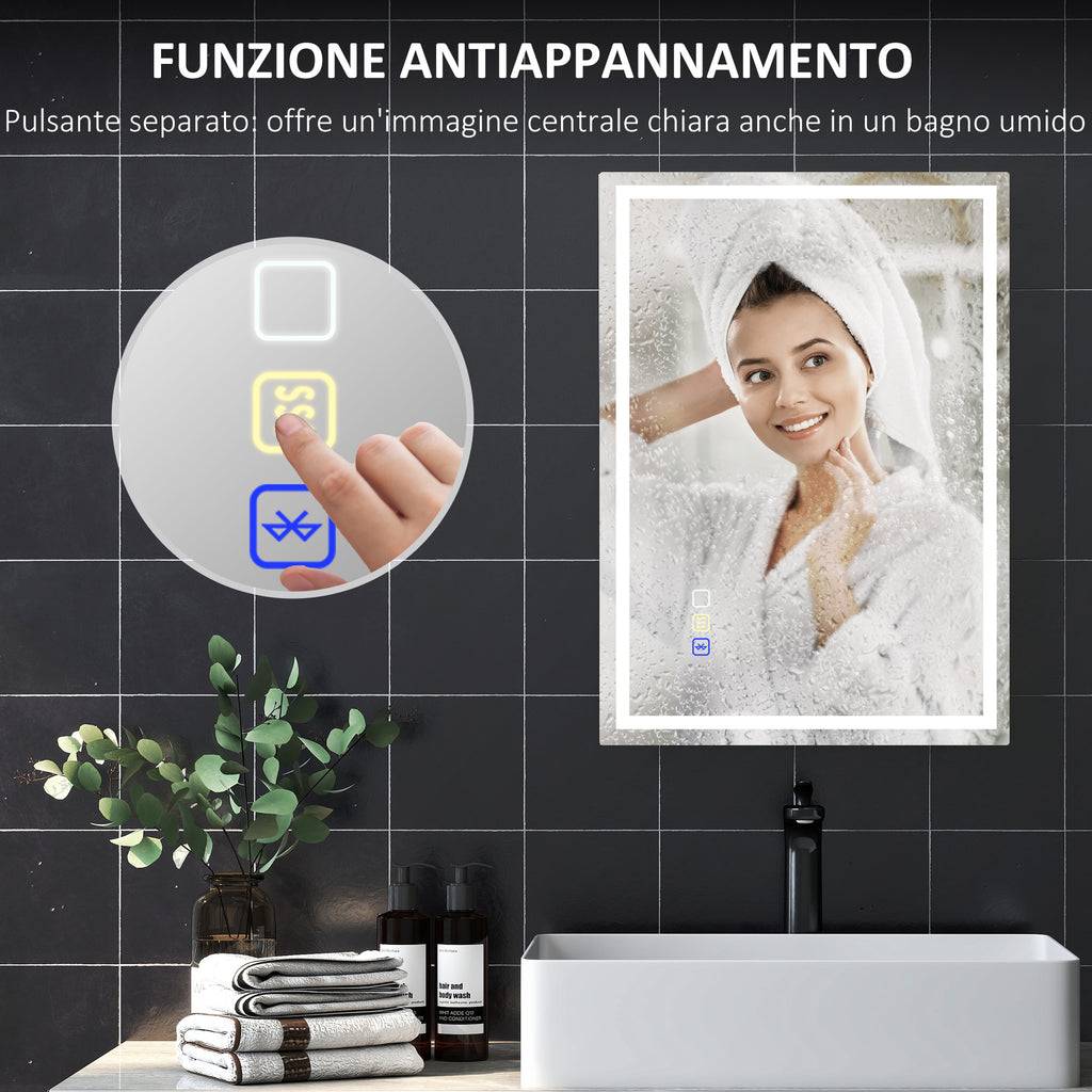 Anti-Fog Bathroom Mirror with Adjustable LED Light, Bluetooth Speaker, Touch Buttons, 50x70 cm