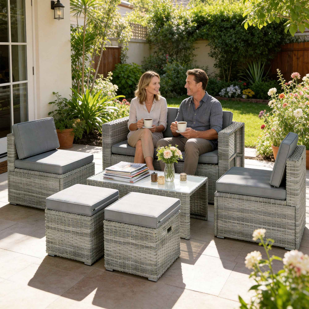 Outsunny 6-Piece Outdoor Set with Sofa, 2 Chairs, Glass-Top Coffee Table, and 2 Ottomans, Dark Grey