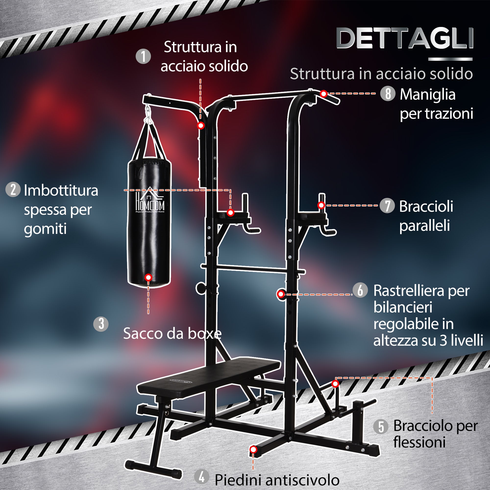 Power Tower with Bench and 20kg Punching Bag, Black Steel Multi-Purpose Station for Total Body Training