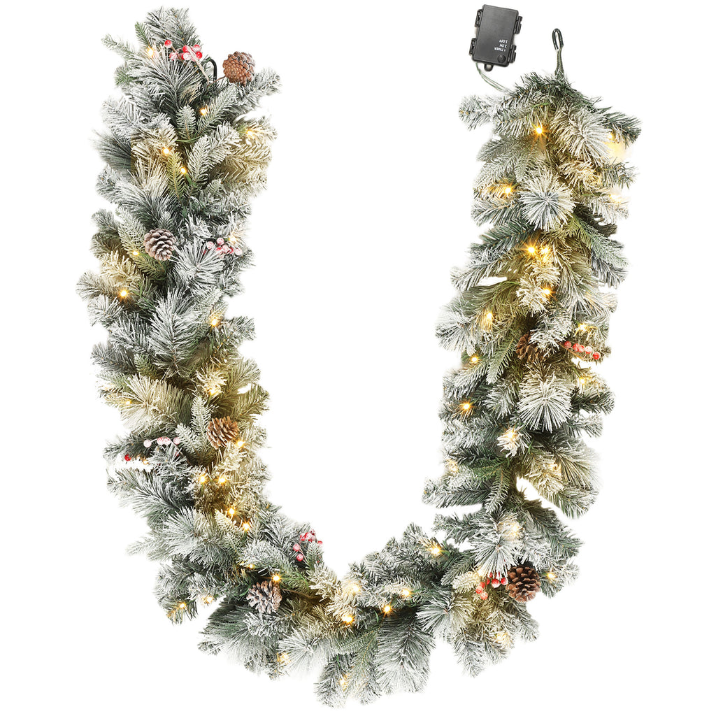 Christmas Garland Ø25x180 cm with 50 LED Lights, Berries and Pine Cones, in Plastic and Metal, Green and White