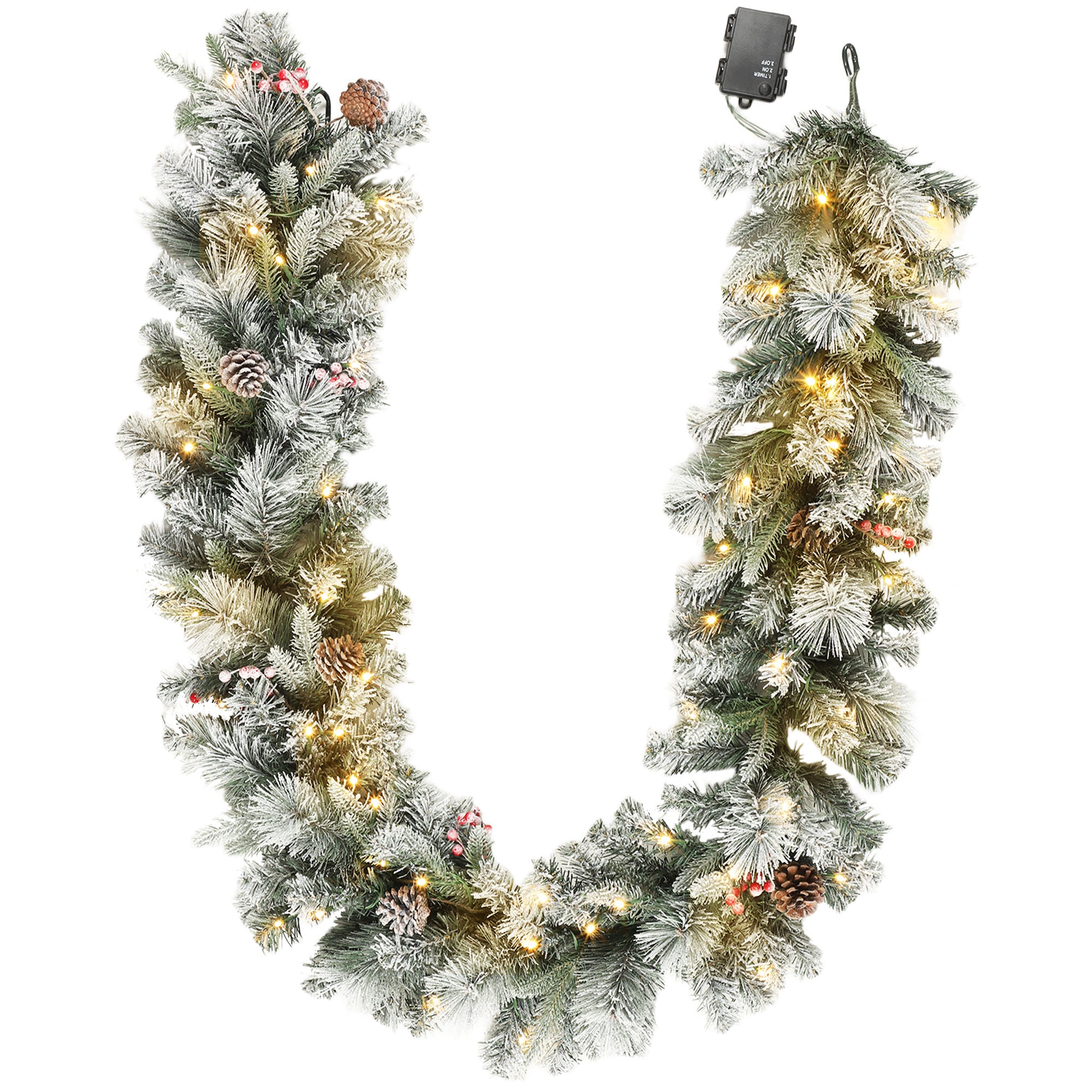 Christmas Garland Ø25x180 cm with 50 LED Lights, Berries and Pine Cones, in Plastic and Metal, Green and White
