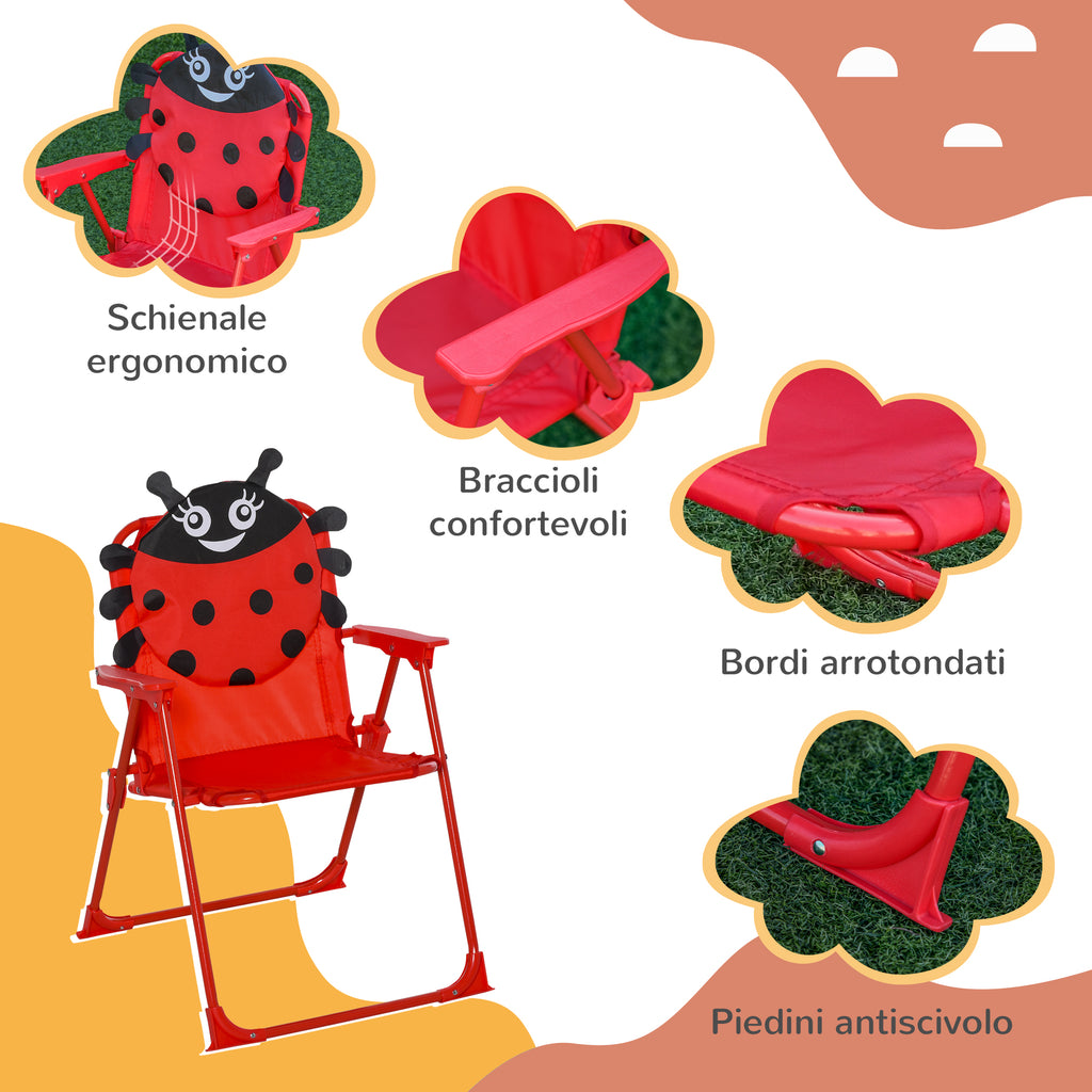 Garden Table and 2 Folding Chairs Set, Outdoor Table and Chairs with Umbrella for Children in Metal and Polyester, Red