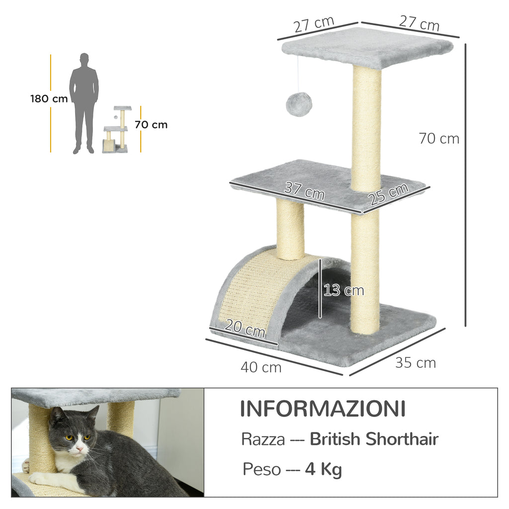 3-Tier Cat Tree with Scratching Post, Plush and Sisal, 40x35x72 cm, Light Gray
