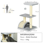 3-Tier Cat Tree with Scratching Post, Plush and Sisal, 40x35x72 cm, Light Gray