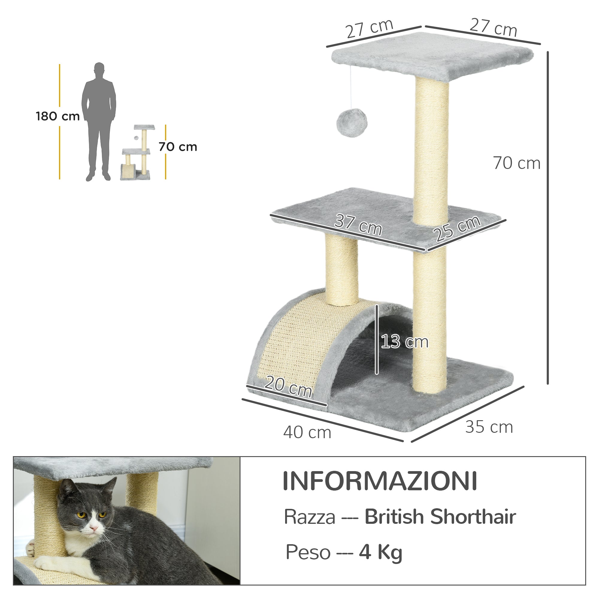 3-Tier Cat Tree with Scratching Post, Plush and Sisal, 40x35x72 cm, Light Gray