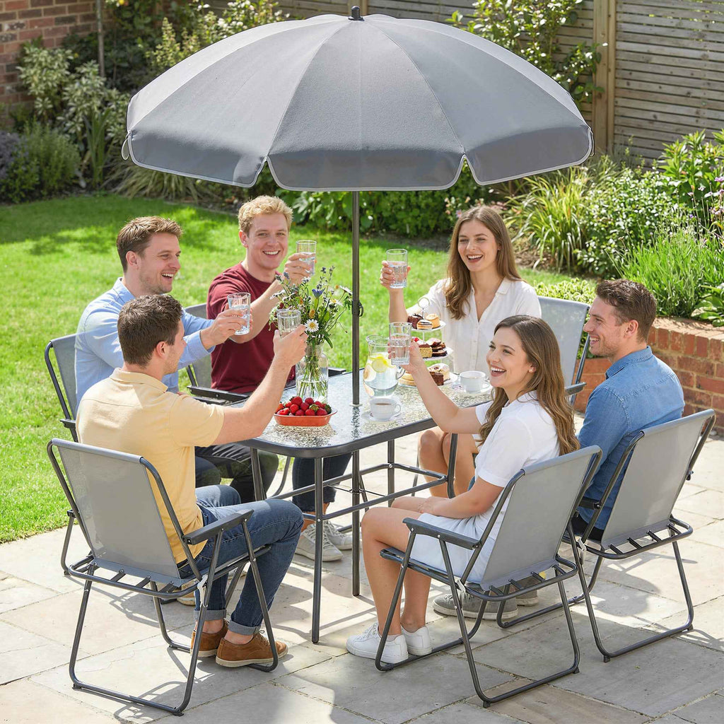 Outsunny 8-Piece Garden Set with Umbrella, 6 Folding Chairs and Tempered Glass Outdoor Table, Grey