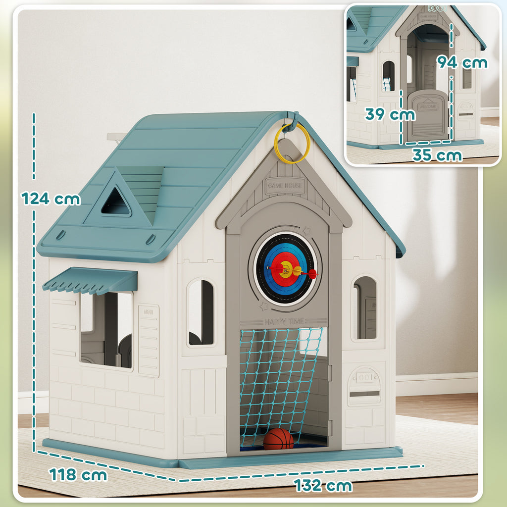 5-in-1 Children's Playhouse in Multi-Color PP with Basketball, Rings and Darts, 132x118x124 cm