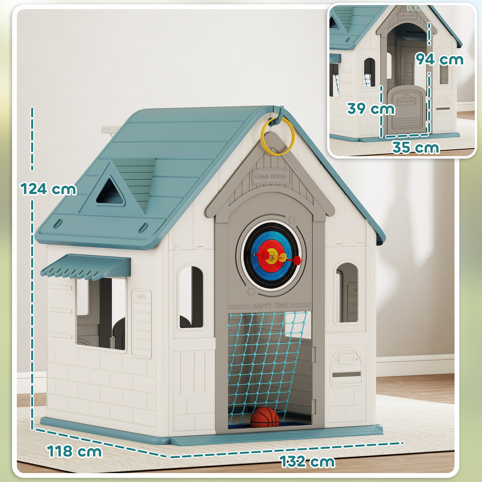 5-in-1 Children's Playhouse in Multi-Color PP with Basketball, Rings and Darts, 132x118x124 cm