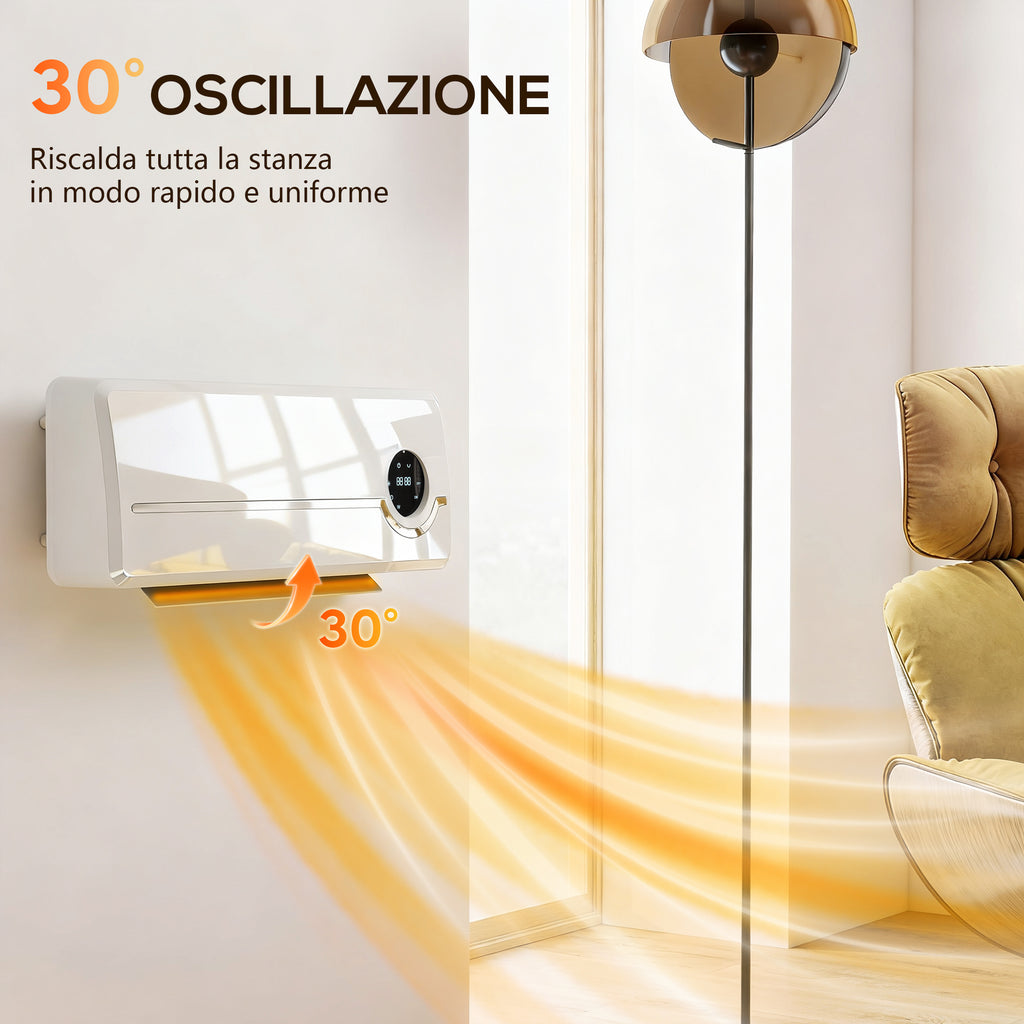 2000W Wall-Mounted Ceramic Heater with 3 Modes, Adjustable Temperature, Timer, Remote Control, Child Lock, White