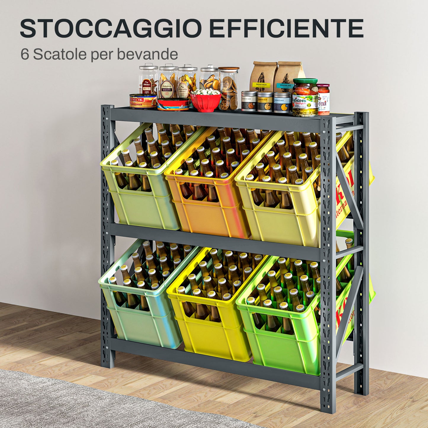 Freestanding 6 Crate Beverage Rack with Adjustable Shelves, 110x30x110cm, Grey