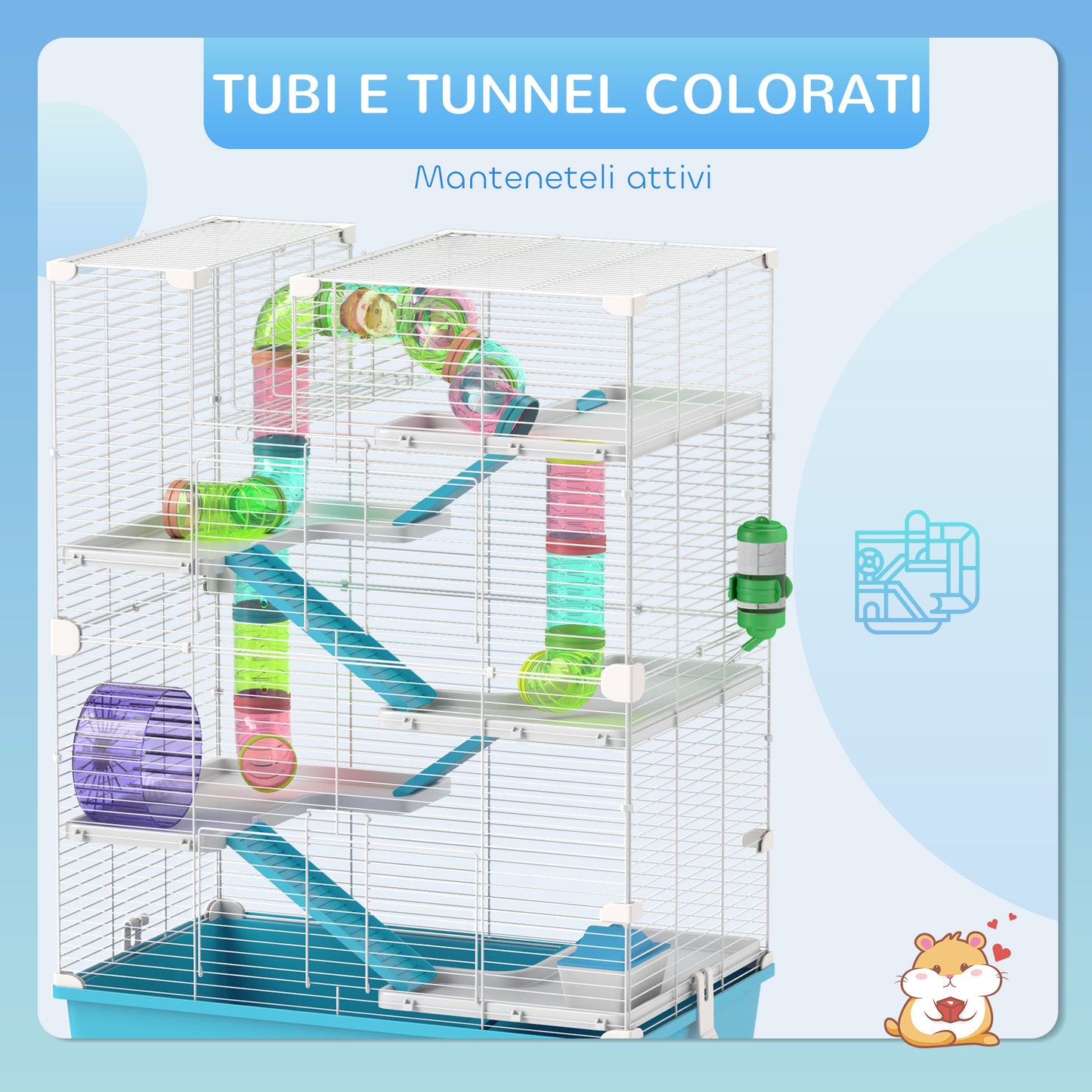 6 Level Hamster Cage with Tunnel, Wheel, Ramps, House, Bottle and Bowl, Blue