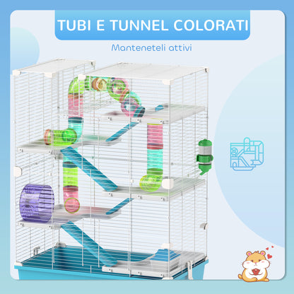 6 Level Hamster Cage with Tunnel, Wheel, Ramps, House, Bottle and Bowl, Blue