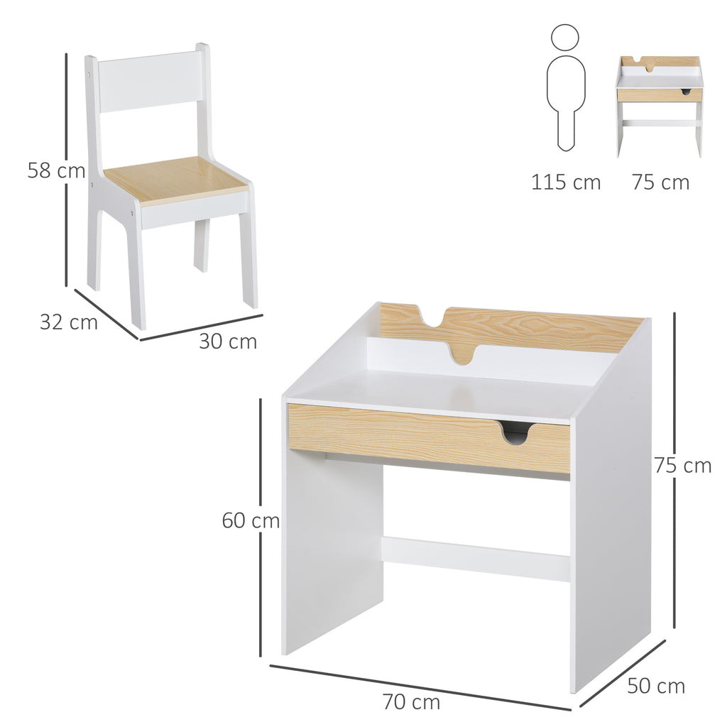 Children's Desk and Chair Set with Drawer and Shelf, Rounded Edges, Ages 6-10, White and Wood