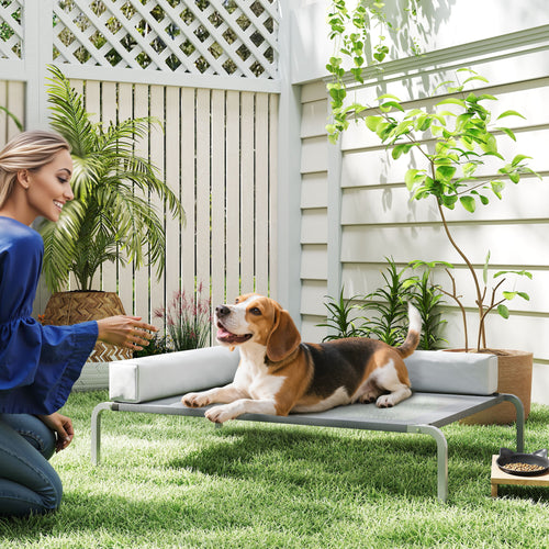 20cm Raised Dog Bed with L-Shaped Cushion, Polyester and Steel, 110x75x30cm, Grey and Silver