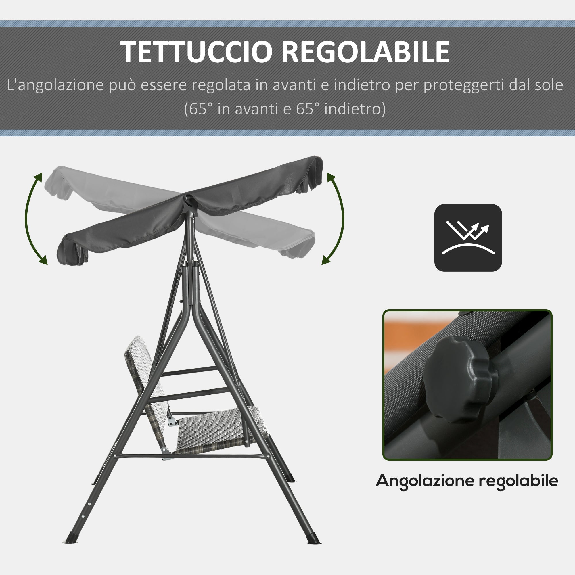 3 Seater Garden Swing with Adjustable Canopy in PE Rattan, 167x112x153cm, Dark Grey