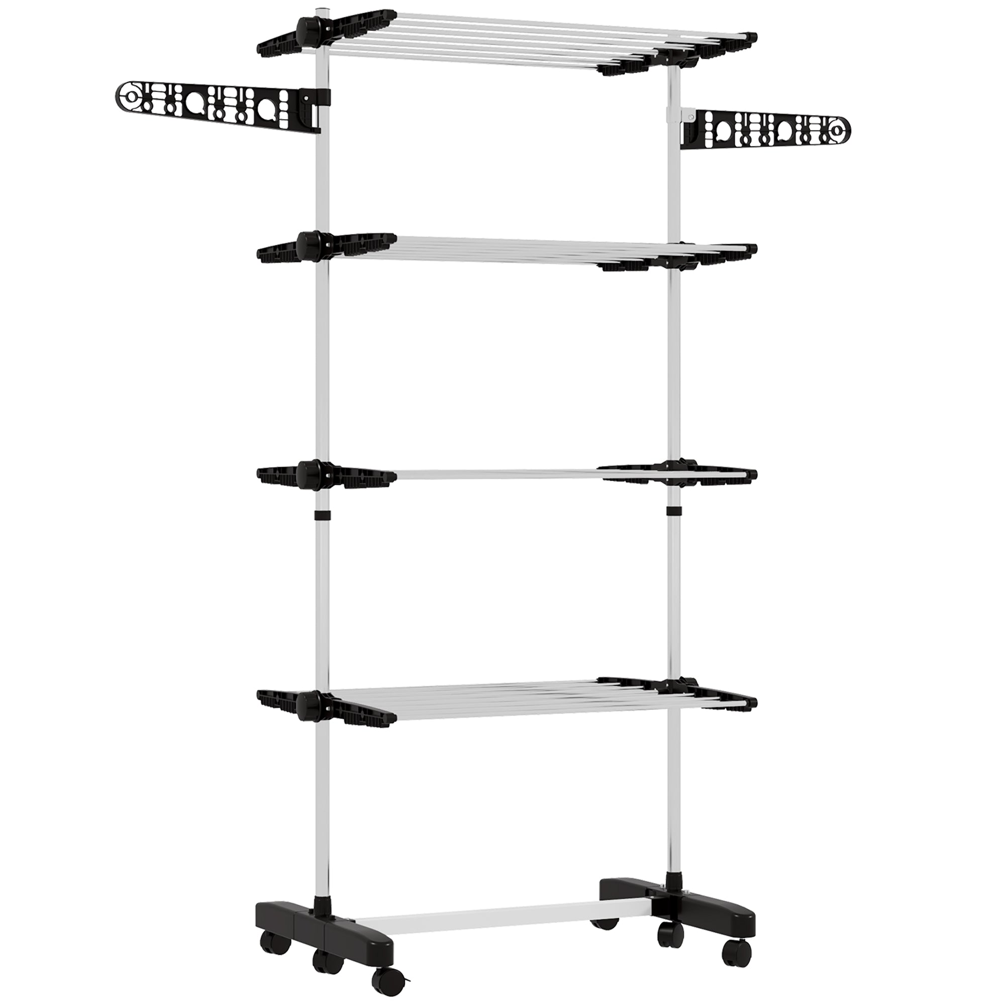 Vertical Clothes Drying Rack with 4 Adjustable Shelves, in Steel and Plastic, 142x55x172 cm, Black and Silver