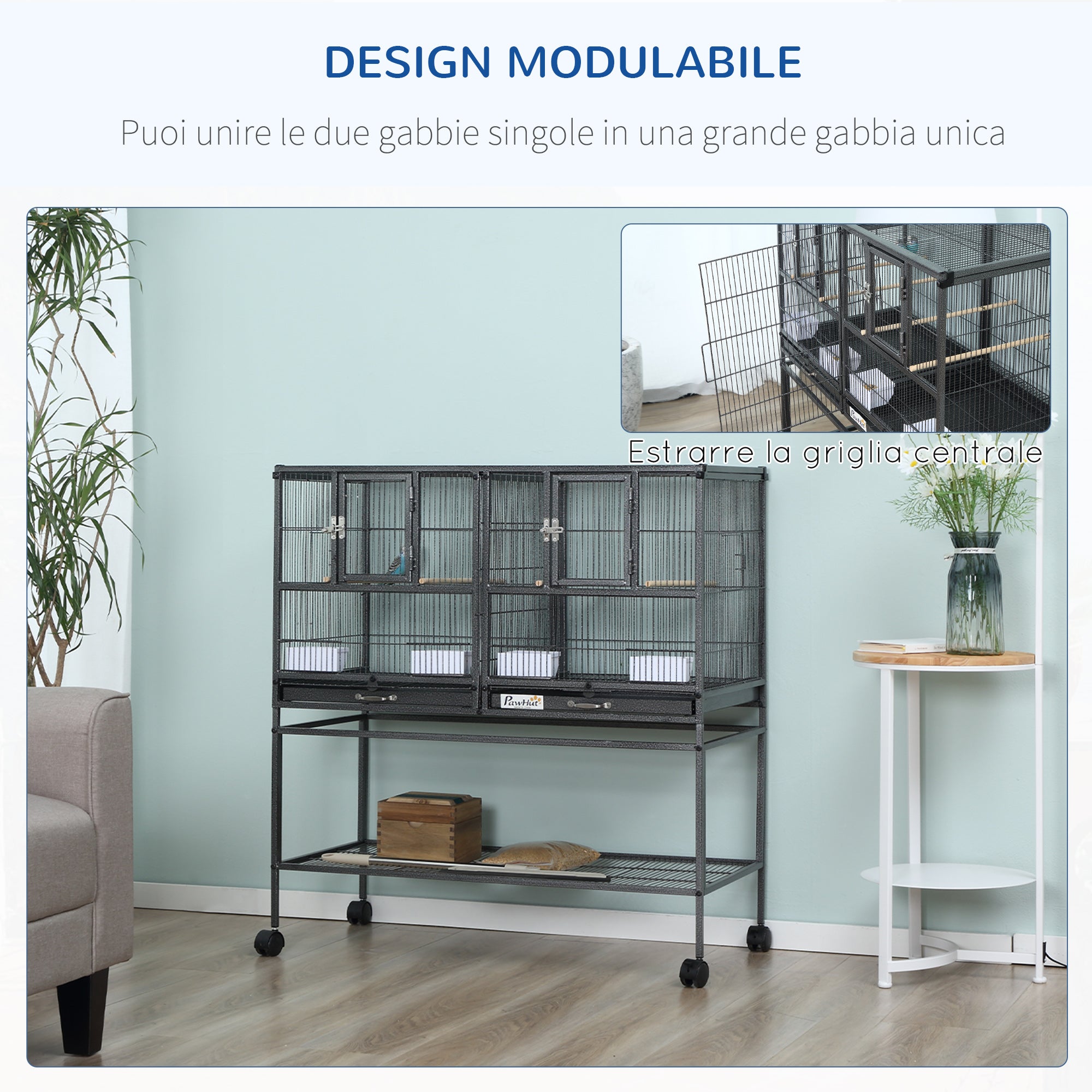 PawHut Double Metal Bird Cage with Removable Trays, Stand with 4 Wheels and Shelf, 95x45.5x102cm, Gray - Borgè