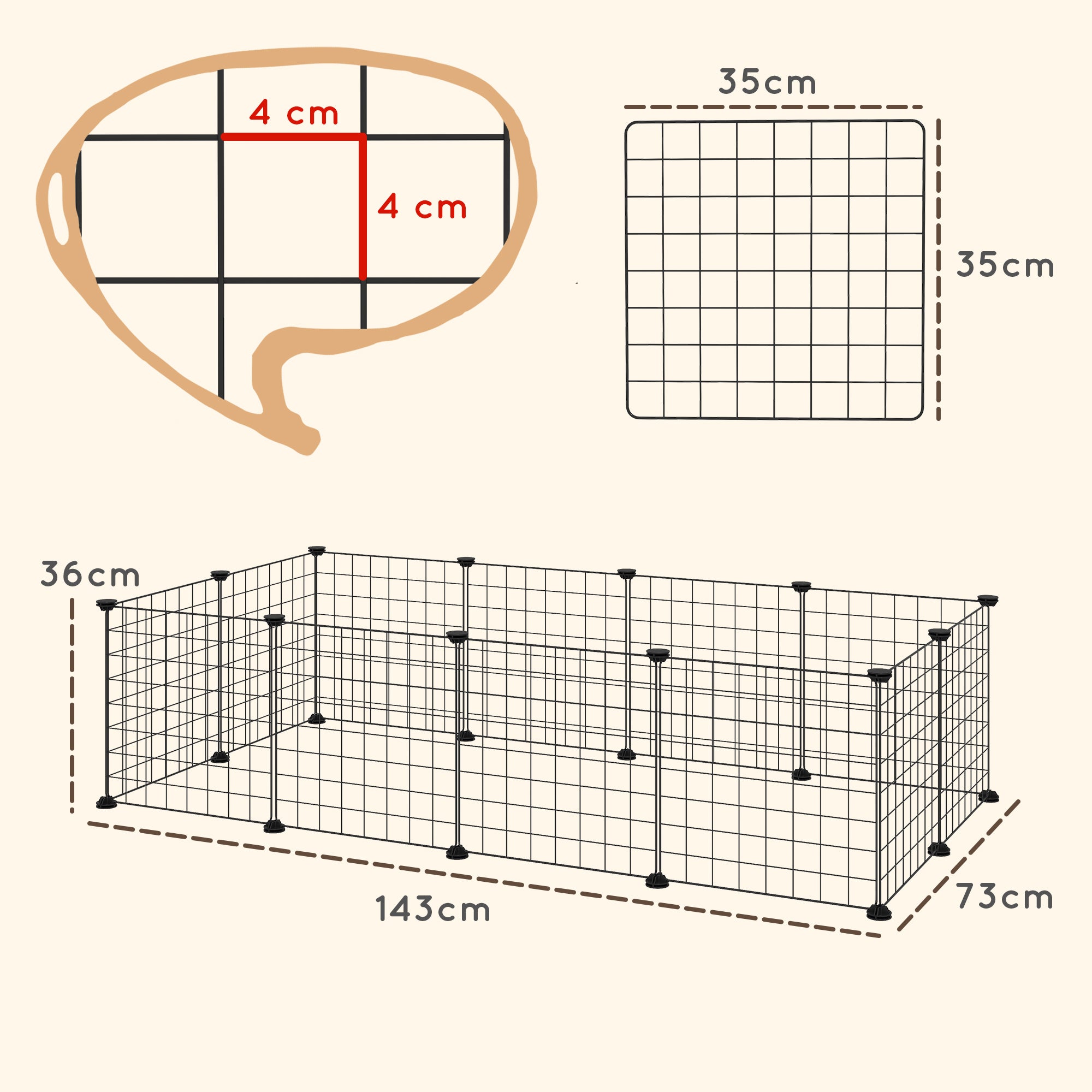 Modular Small Animal Playpen with Panels and Accessories, Indoor Metal Hedgehog Cage for Guinea Pigs and Hedgehogs, 106x73x36 cm, Black
