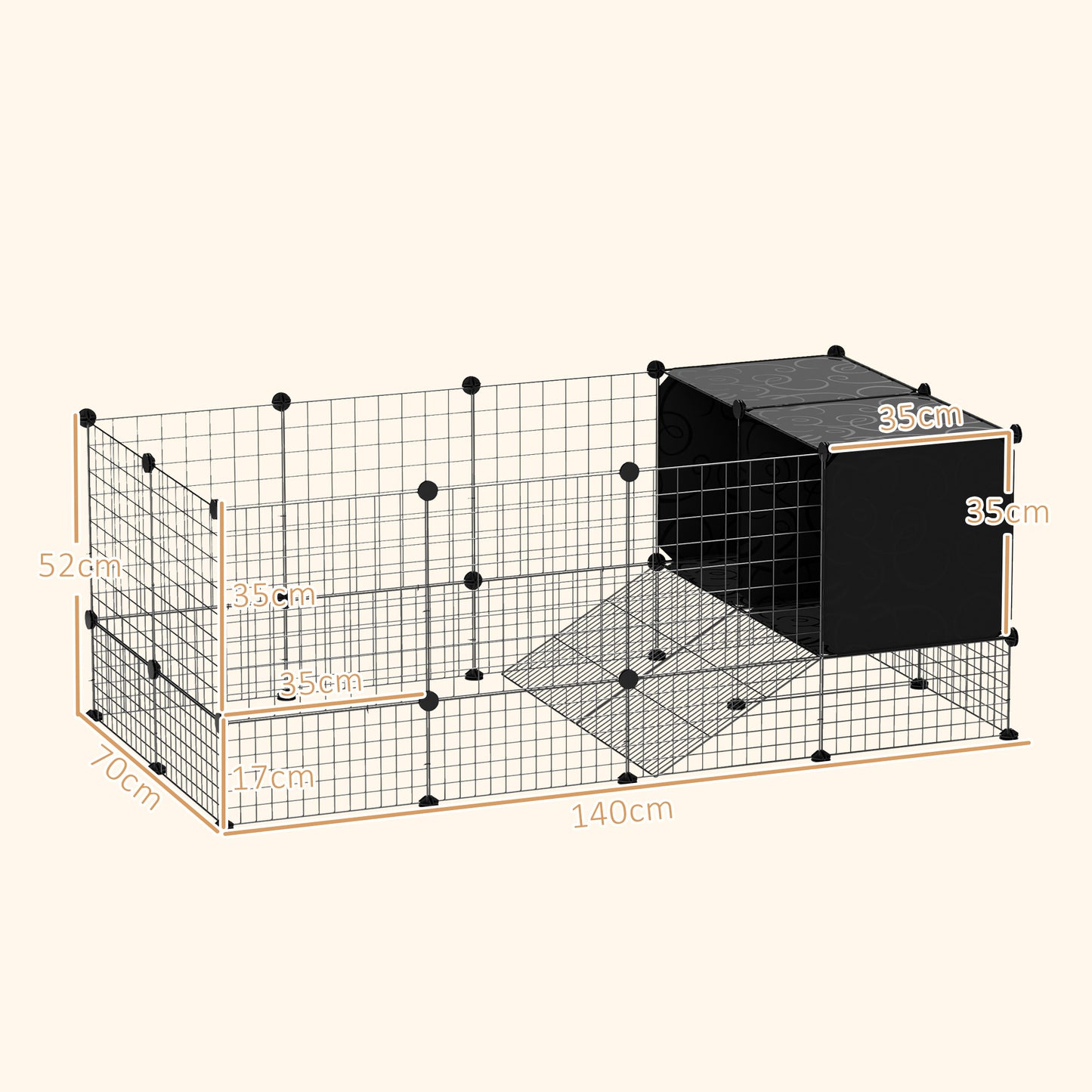 Modular Small Animal Cage with Raised Houses for Guinea Pigs and Hedgehogs, Black