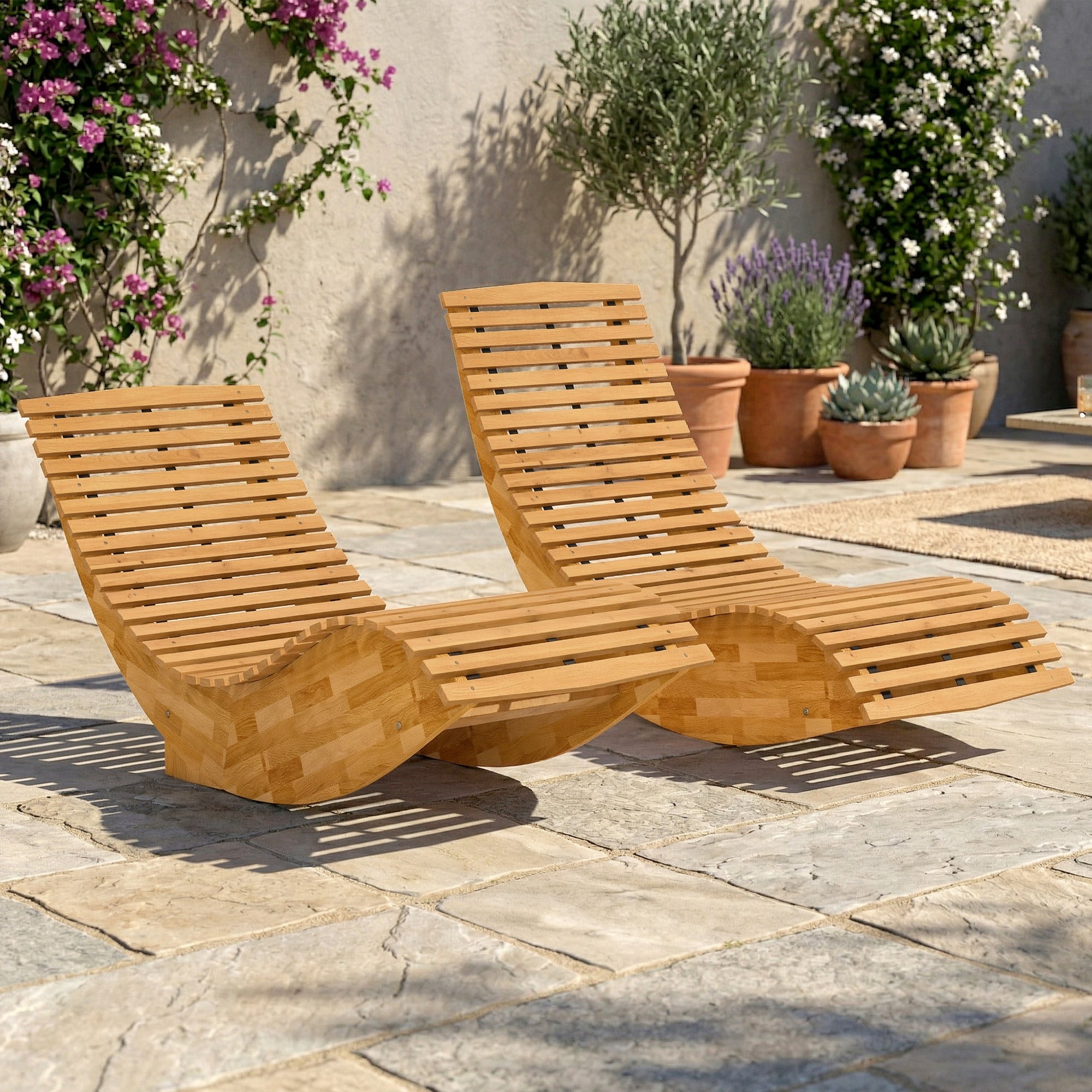 Outsunny Set of 2 Folding and Ergonomic Acacia Wood Rocking Loungers