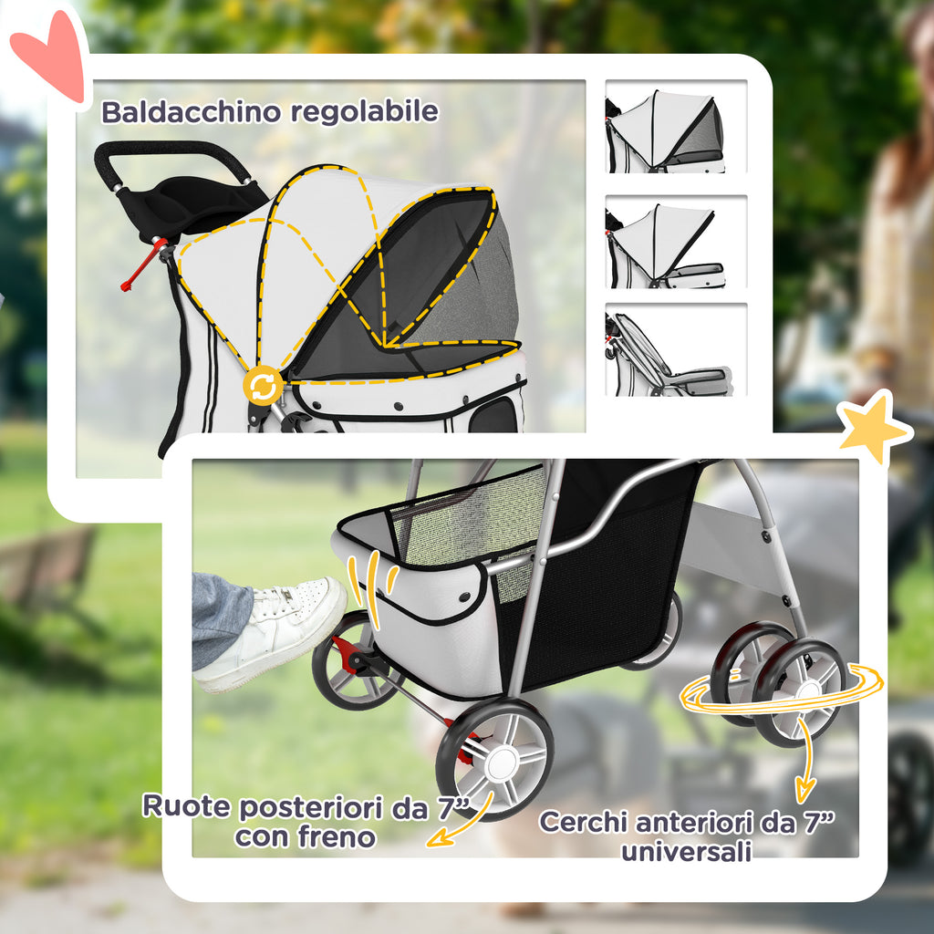PawHut Folding Dog Stroller with Reflectors, Swivel Wheels, Brakes, and Washable Cushion, Grey