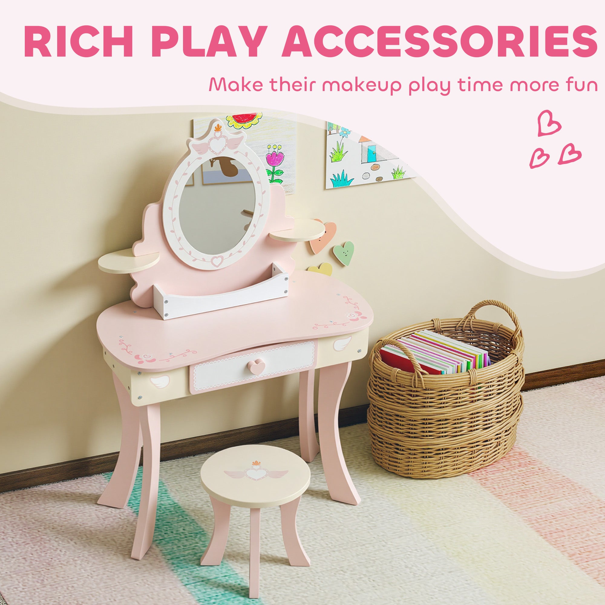 2-in-1 Wooden Dressing Table and Stool Set for Kids with 7 Accessories Included, Pink