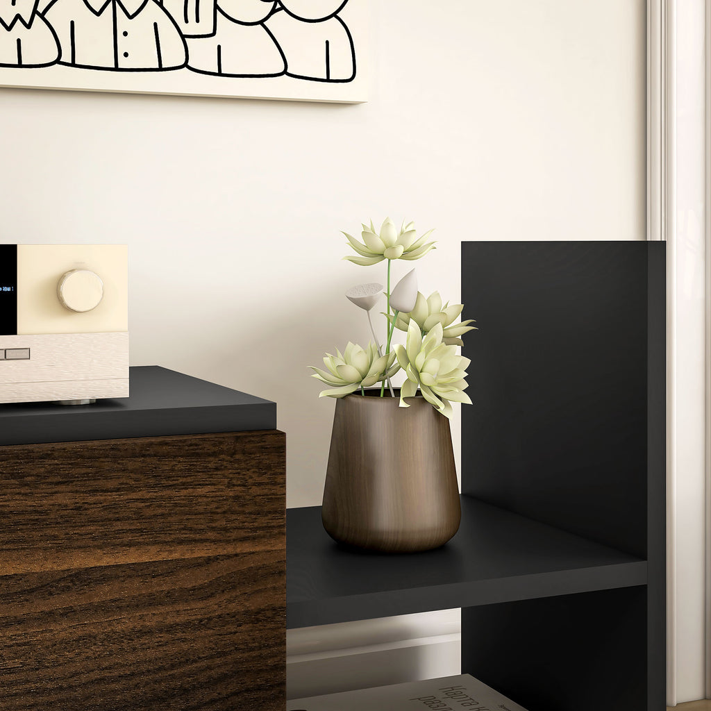 TV Cabinet with Wall Shelf, Open Shelves and Wooden Cabinet, Black and Brown