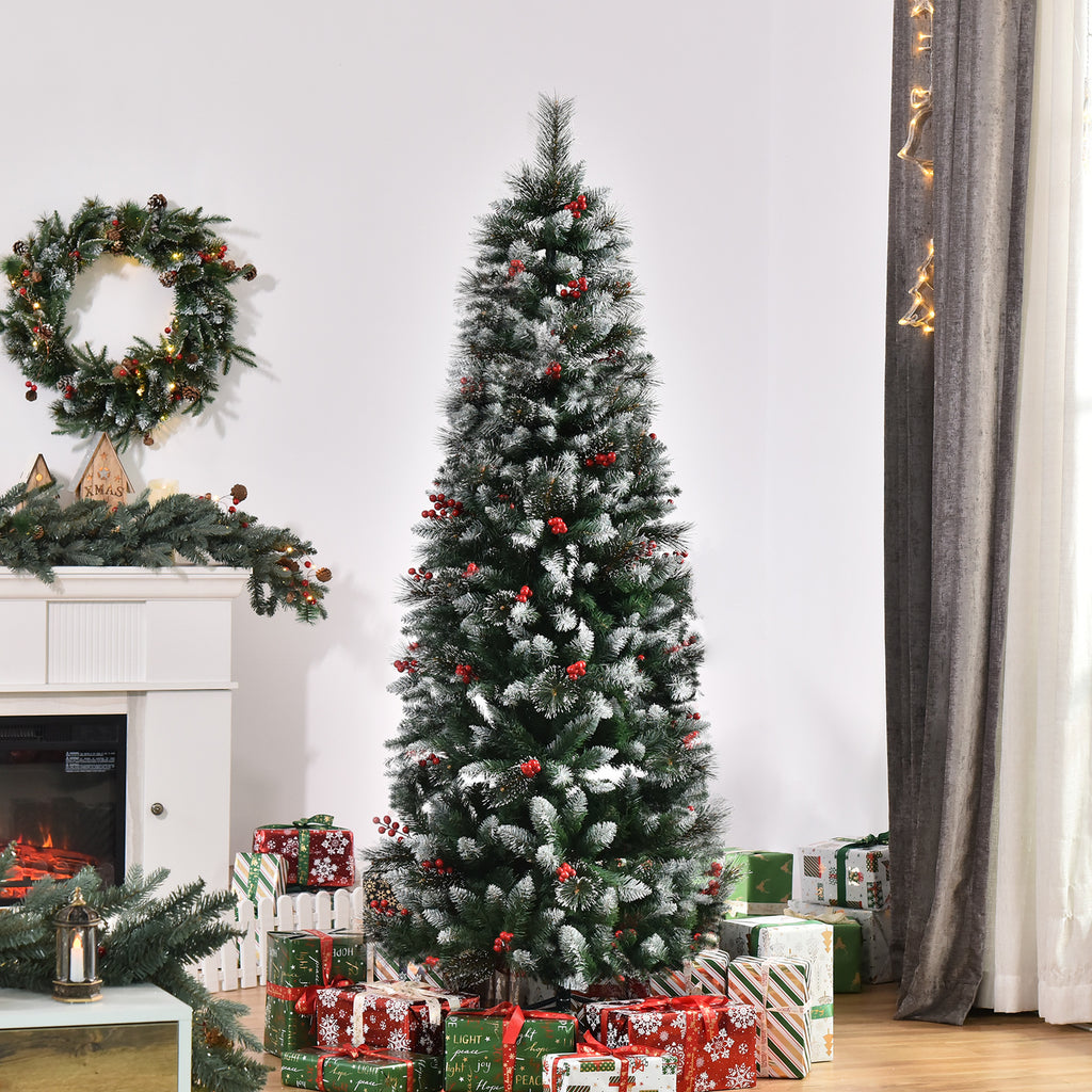 Snowy Christmas Tree with Red Berries, Removable and Foldable Base, 539 Branches, Φ70x180cm, Green
