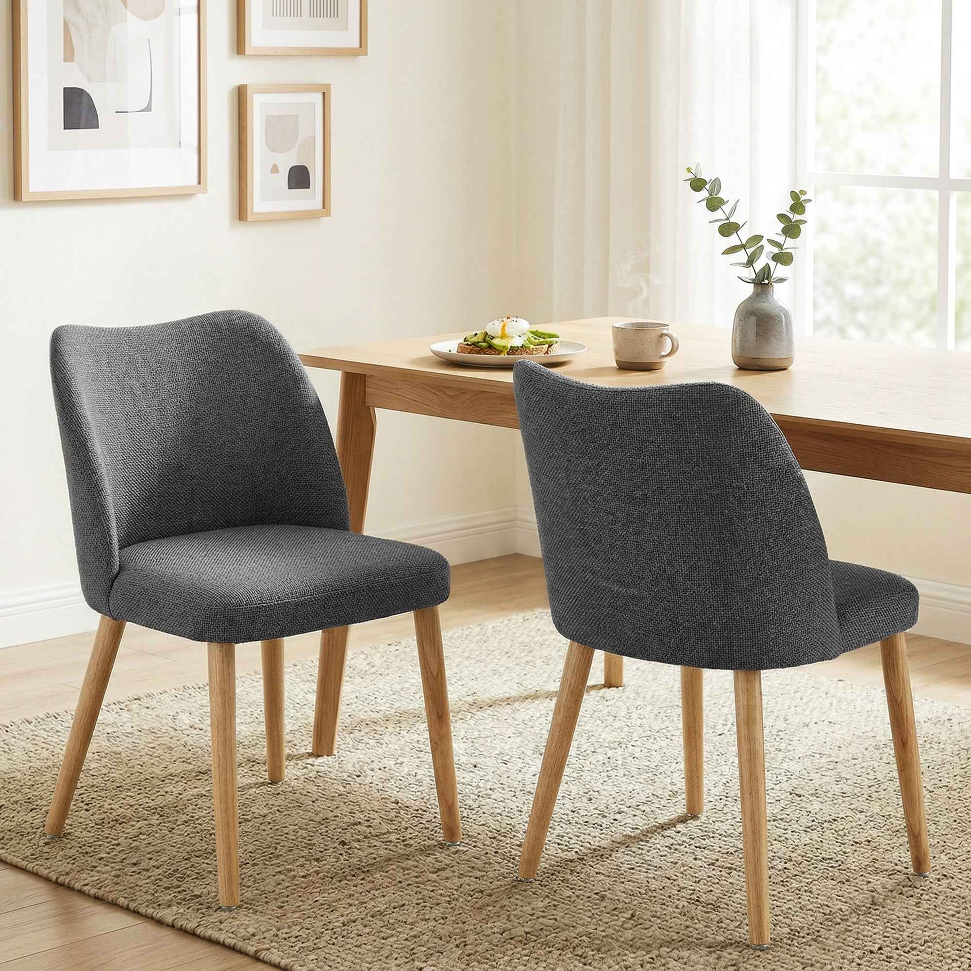 HOMCOM Set of 2 Padded Dining Chairs with Hevea Wood Legs, Light Grey Fabric