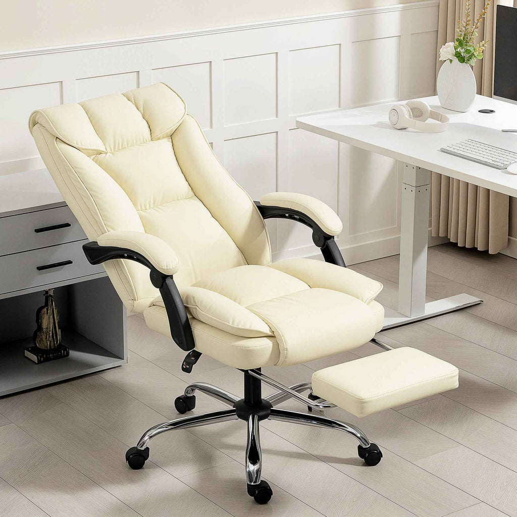 HOMCOM 155° Reclining Office Chair with Footrest, Double Padding and Faux Leather Upholstery, Beige