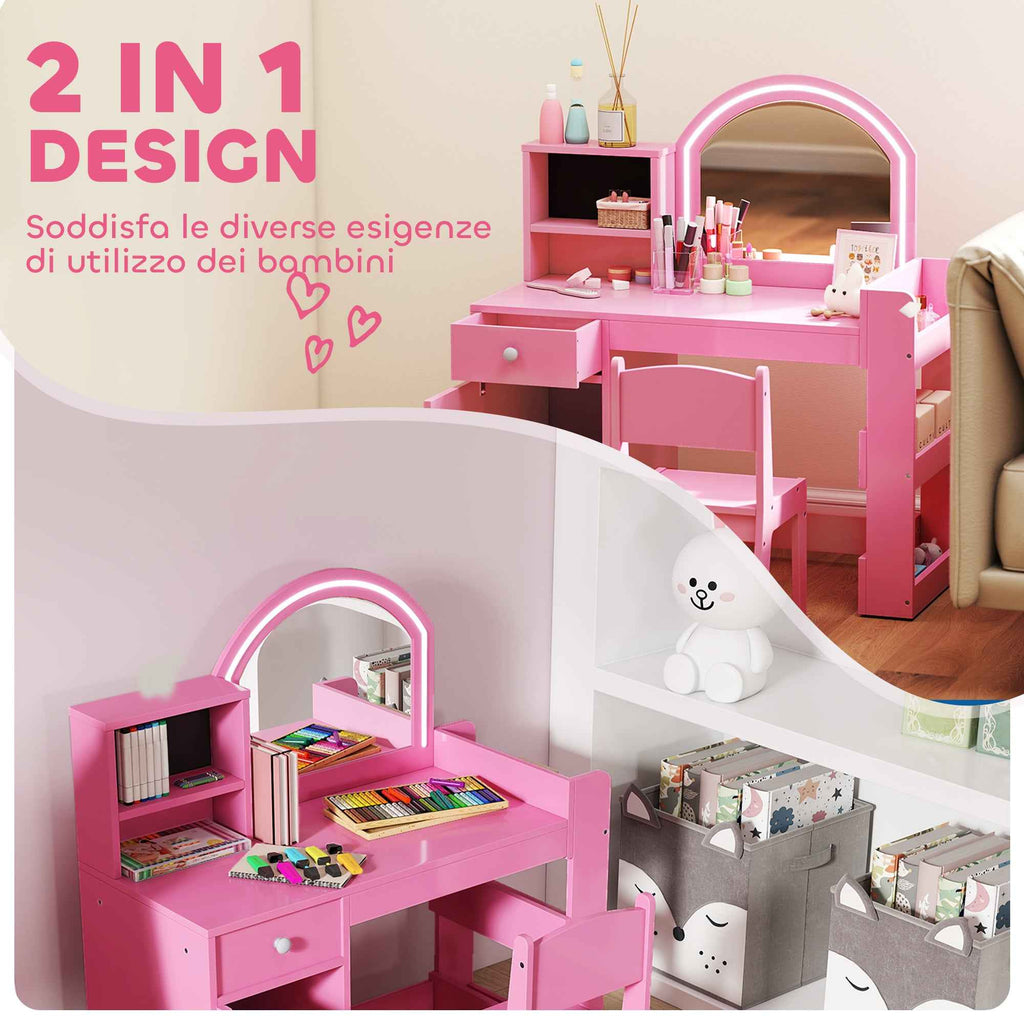 AIYAPLAY 2-in-1 Kids Dressing Table Set with Mirror, Chair, LED Light, Cabinet, Shelves and Bookcase, Pink