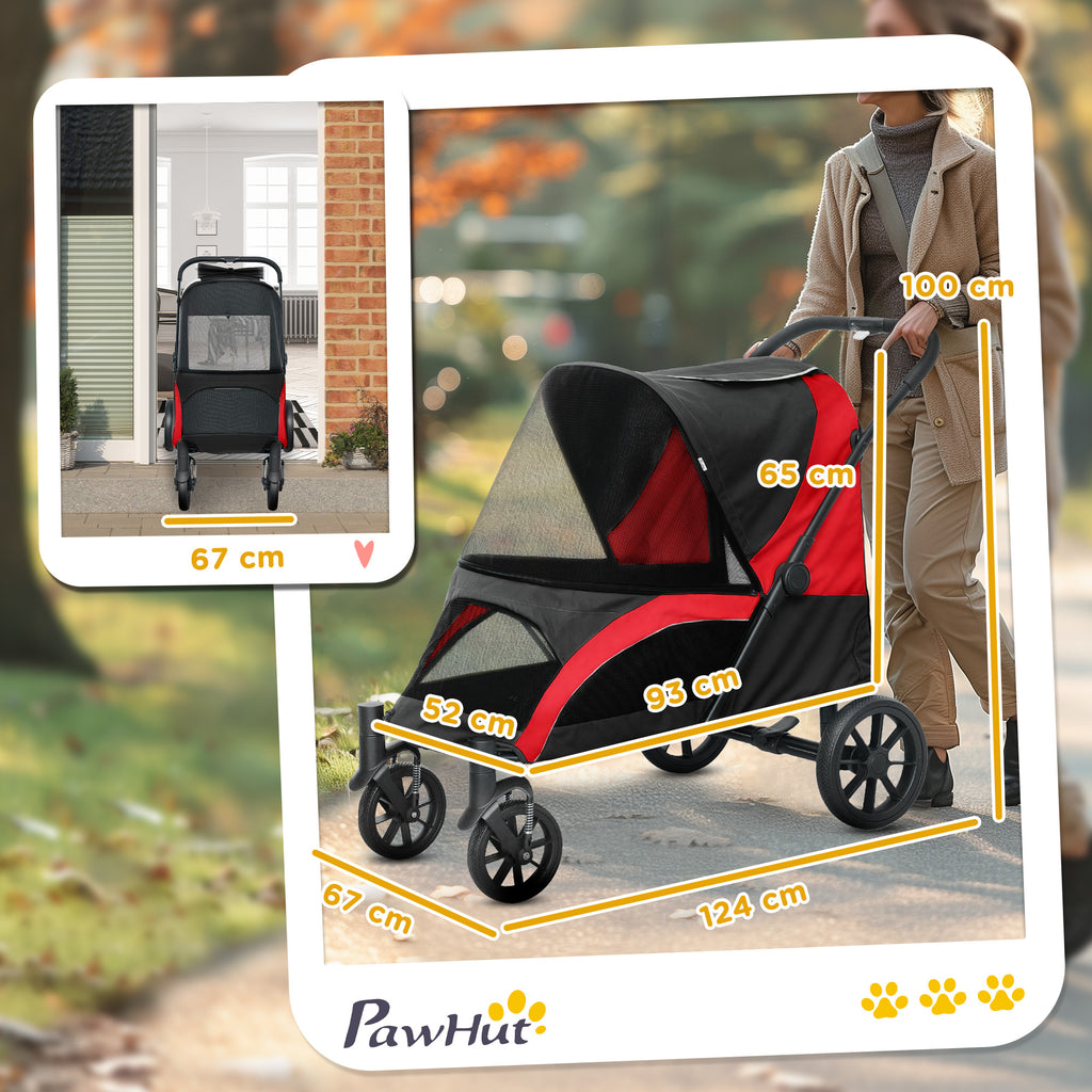 Large Dog Stroller Foldable with Mesh Windows, Cushion and Leashes, 124x67x100 cm, Black