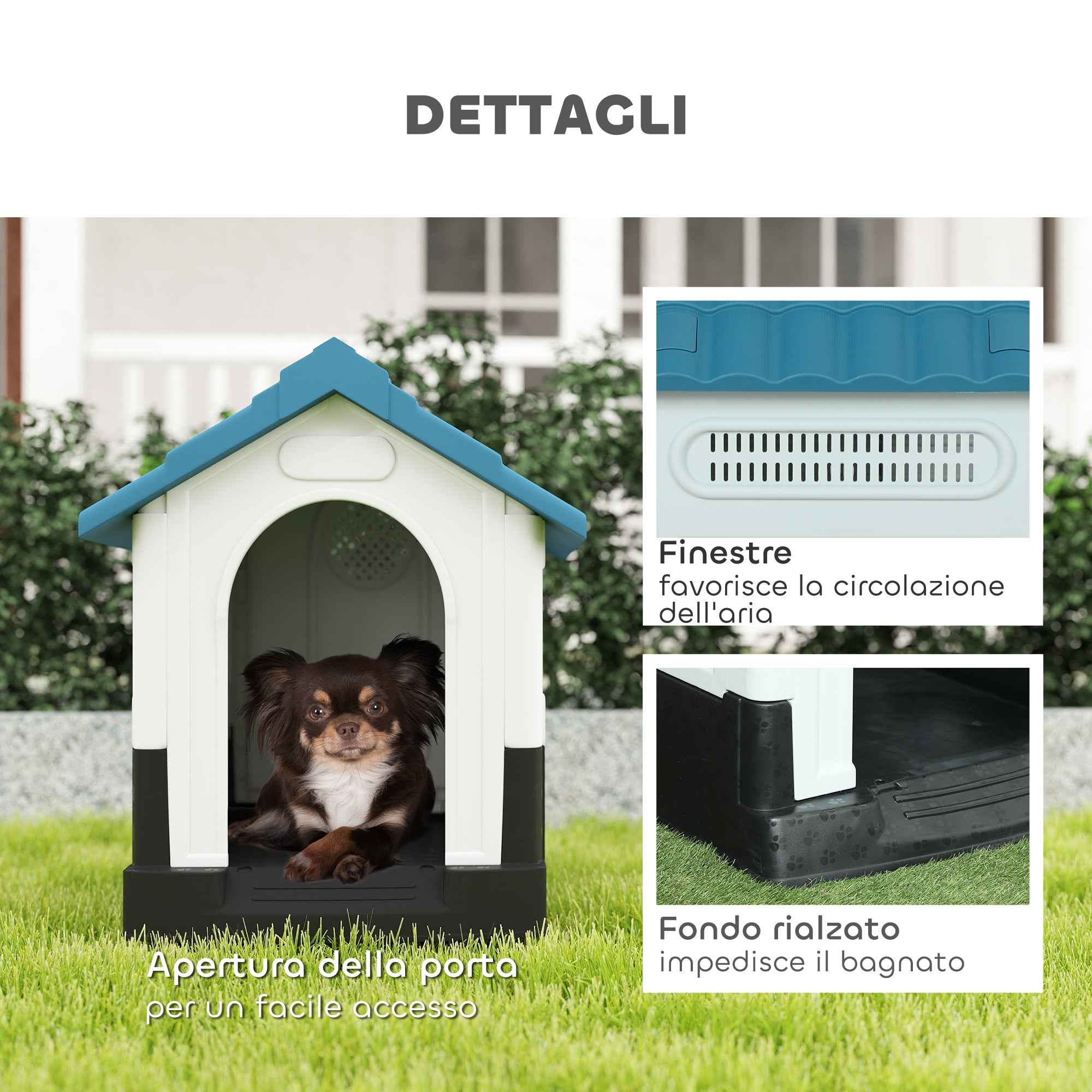 PawHut Outdoor Plastic Dog Kennel with Windows and Raised Base, 64.5 x 57 x 66 cm, Blue