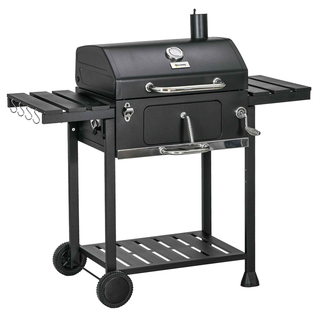 Outsunny Charcoal Barbecue with Lid, Thermometer, Adjustable Grill, Wheels and Side Tables, Black