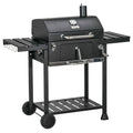 Outsunny Charcoal Barbecue with Lid, Thermometer, Adjustable Grill, Wheels and Side Tables, Black