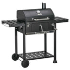 Outsunny Charcoal Barbecue with Lid, Thermometer, Adjustable Grill, Wheels and Side Tables, Black