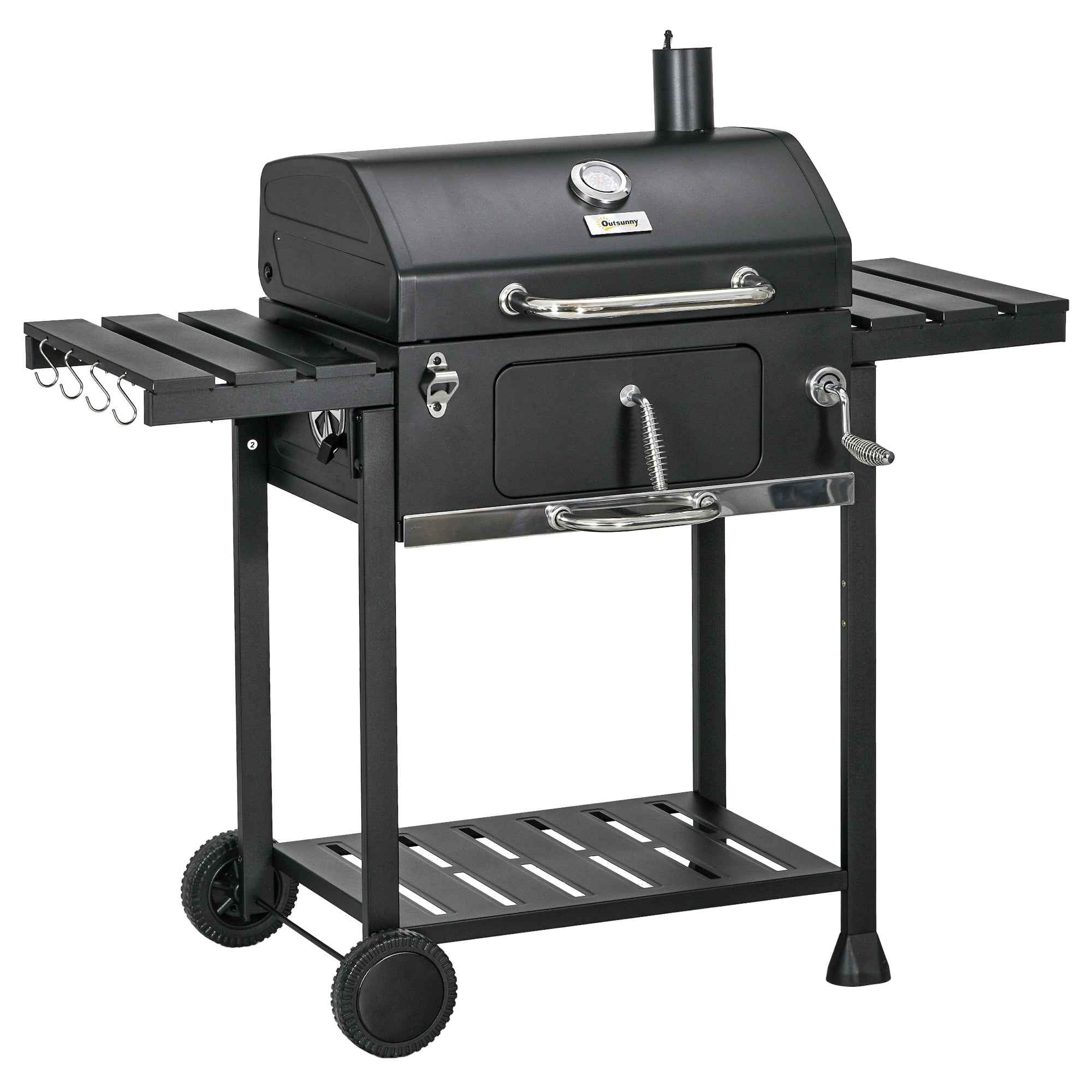 Outsunny Charcoal Barbecue with Lid, Thermometer, Adjustable Grill, Wheels and Side Tables, Black