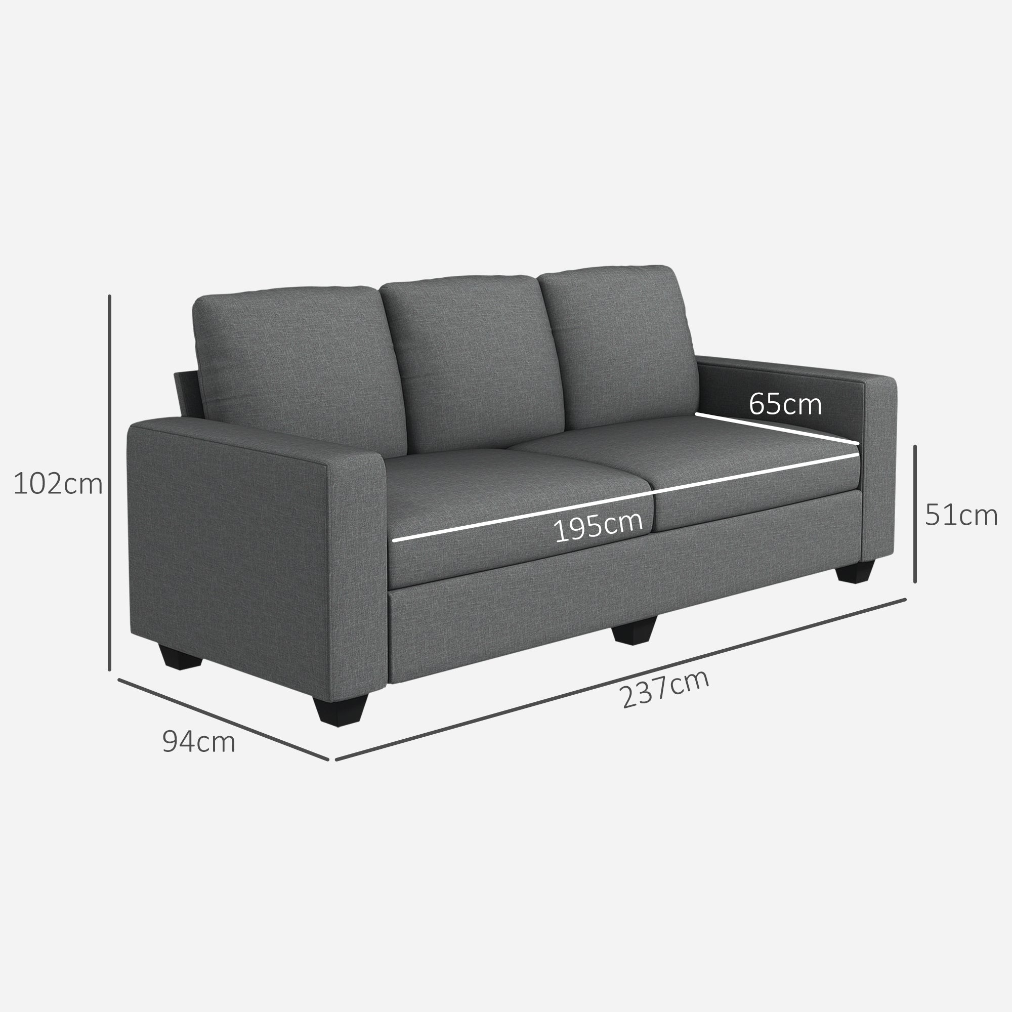 3 Seater Fabric Sofa with Padded Cushions and Linen Effect Upholstery, 237x94x102cm, Grey