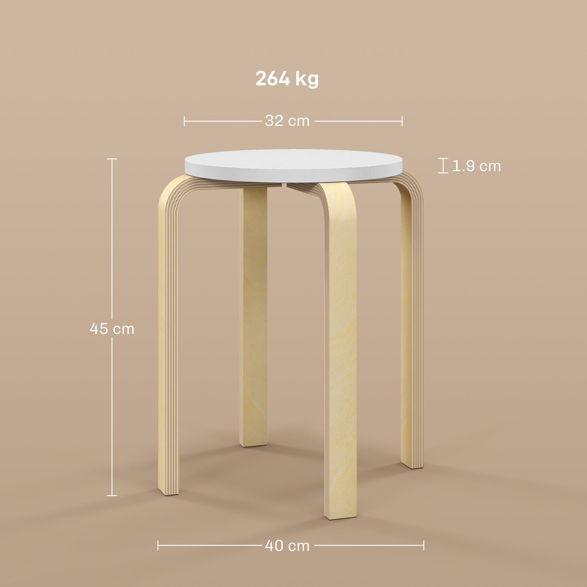 Set of 4 Stackable Round Wooden Stools, White, Ø40x45 cm