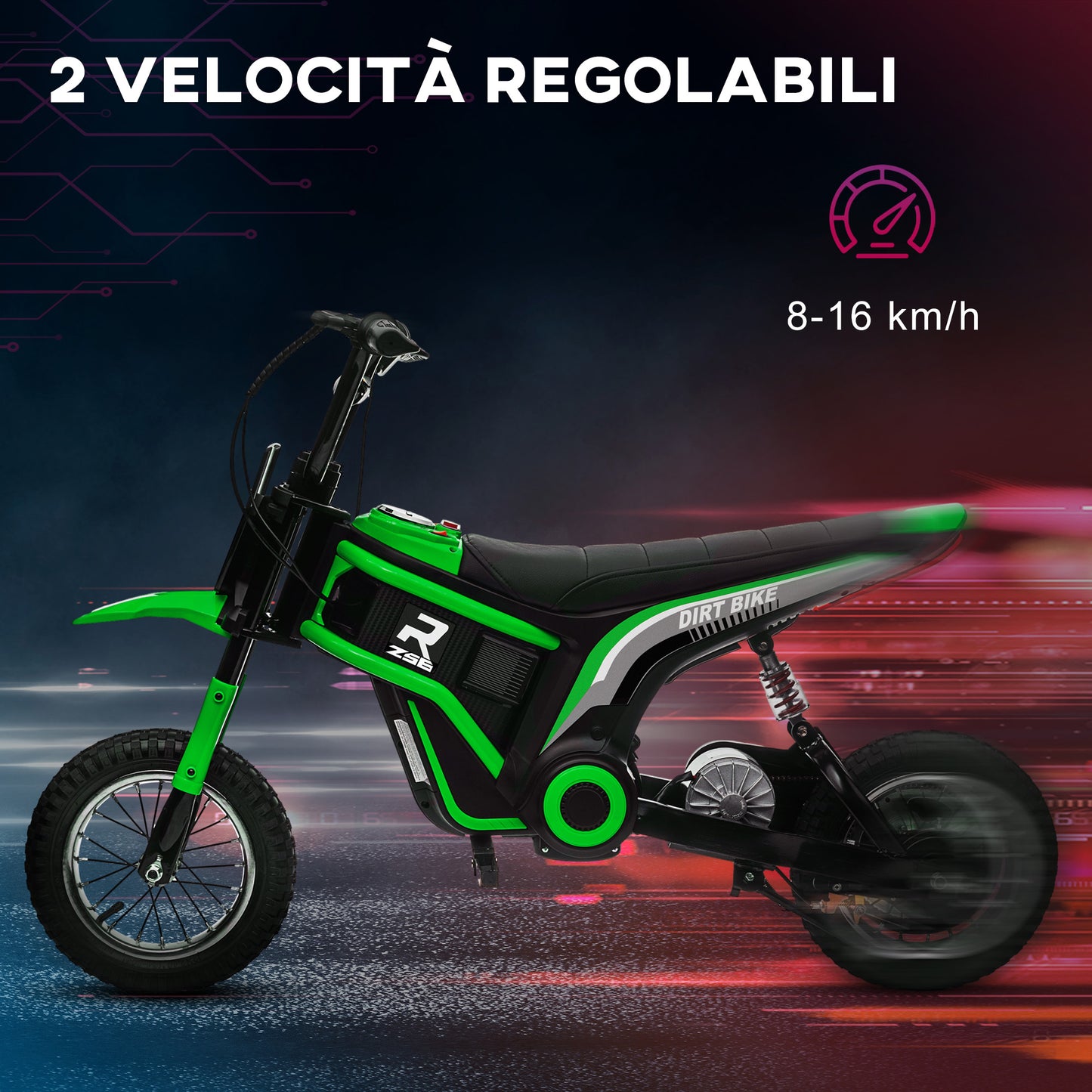 Electric Motorcycle for Children with Manual Throttle, 2 Speeds 8-16km/h, Age 8-12 Years, Green