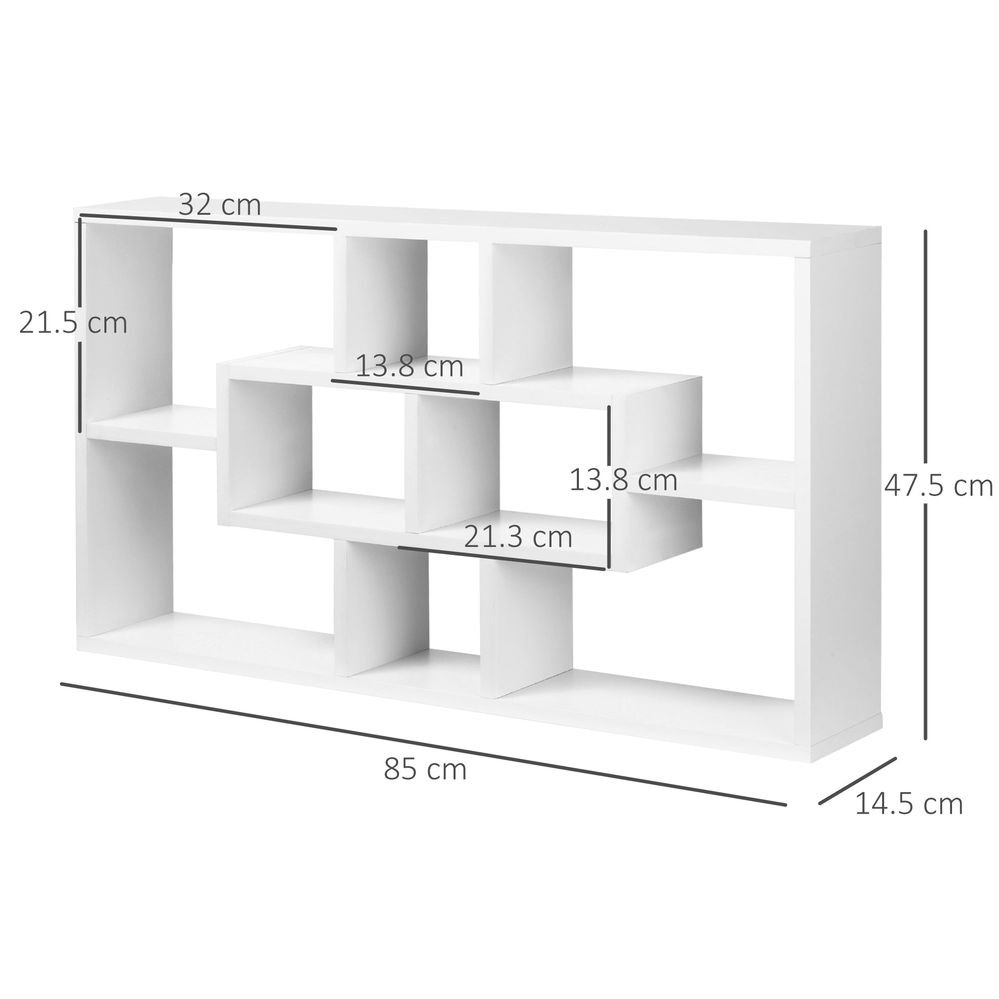 HOMCOM Wall Mounted Bookcase with 8 Compartments in 3 Different Sizes, Wall Shelf with Anti-Tip Design, White Chipboard Panels, 85x14.5x47.5cm, Capacity: 20kg