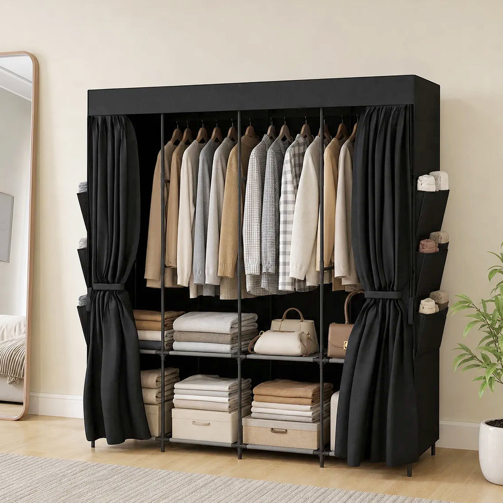HOMCOM Space-Saving Fabric Wardrobe with 5 Rods, 4 Shelves, 6 Side Pockets, 170x45x167 cm, Black