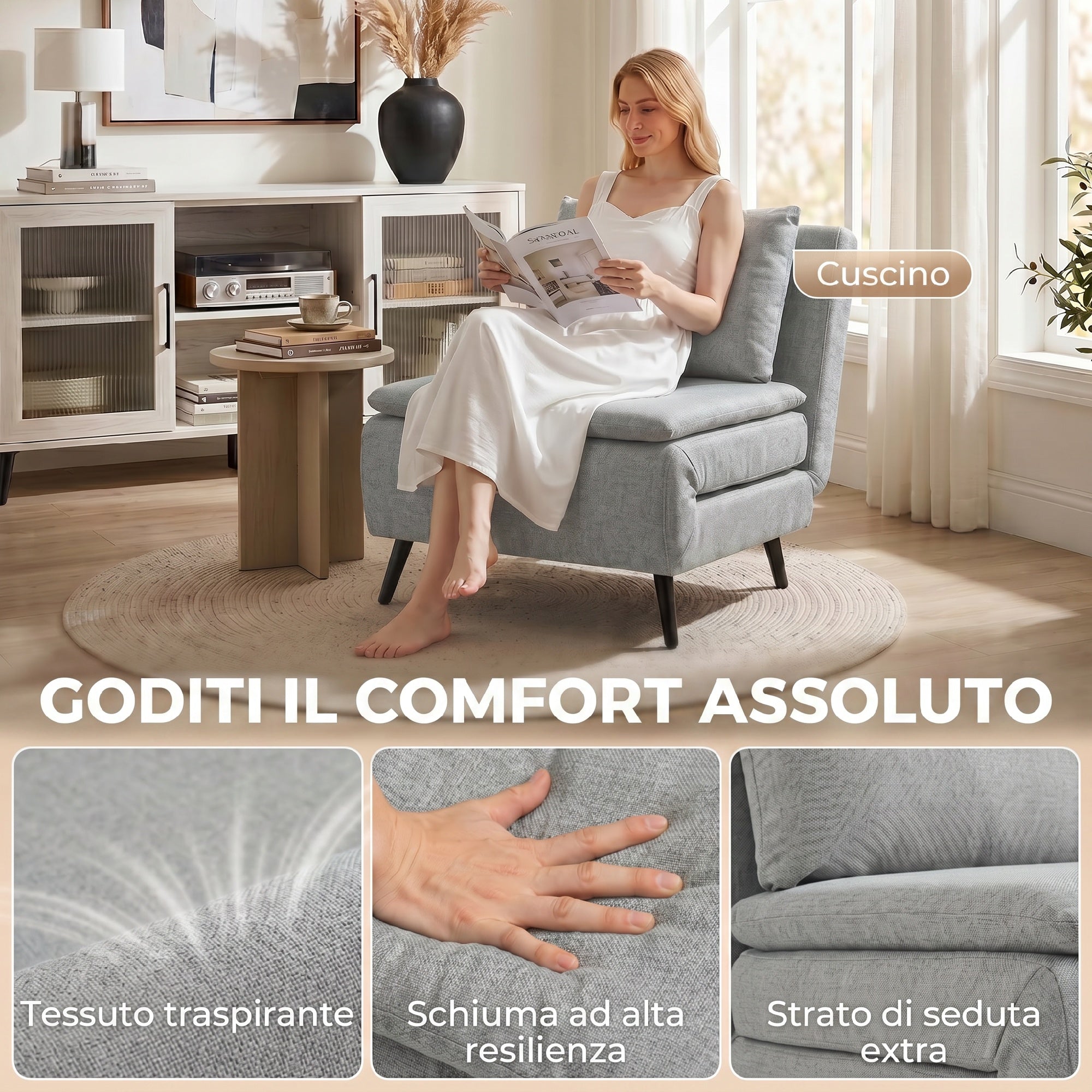 HOMCOM 3-in-1 Sofa Bed with Adjustable Backrest and Cushion, in Light Grey Linen-Effect Fabric