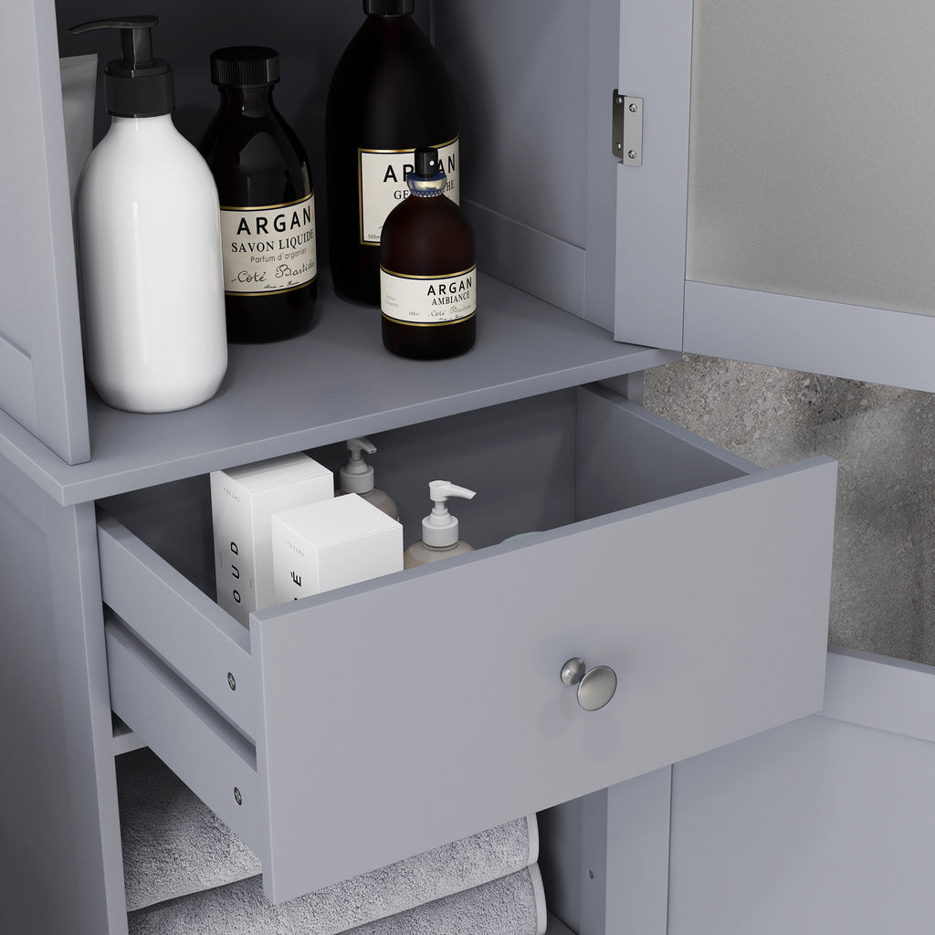 Bathroom Column Cabinet Space Saving with Cabinet, Drawer and MDF Shelves, 40x27x171.5cm, Grey