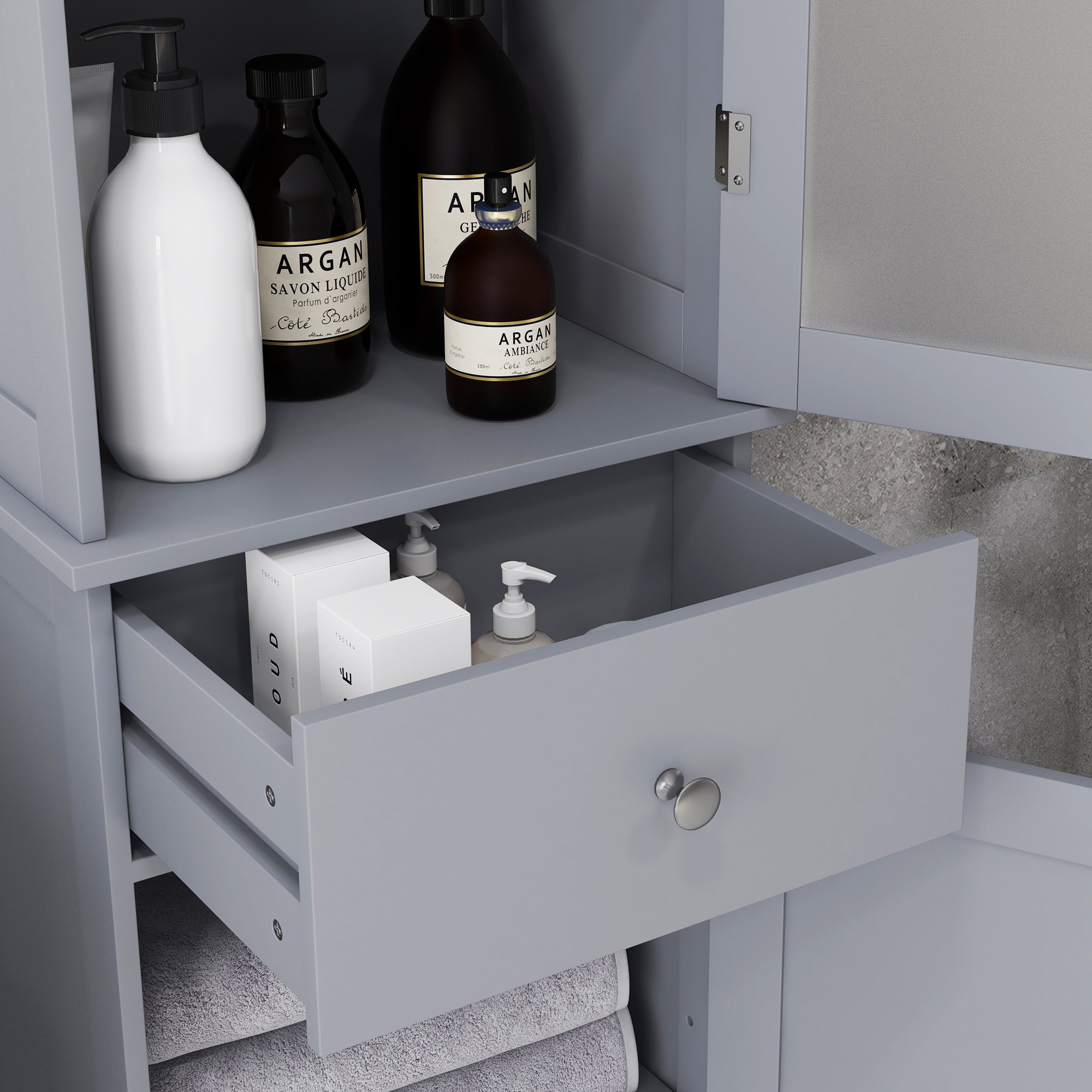 Bathroom Column Cabinet Space Saving with Cabinet, Drawer and MDF Shelves, 40x27x171.5cm, Grey