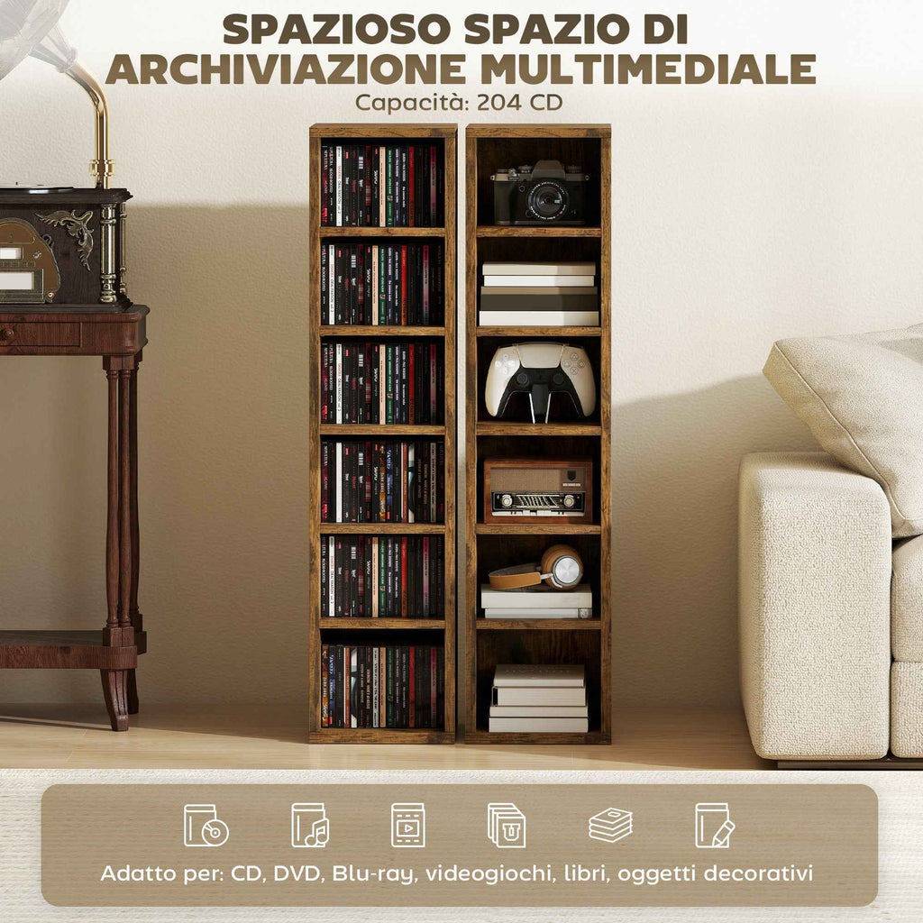 HOMCOM Set of 2 CD Racks with Adjustable Shelves for 204 CDs, Wooden, 21x22.5x88.5 cm, Rustic Brown