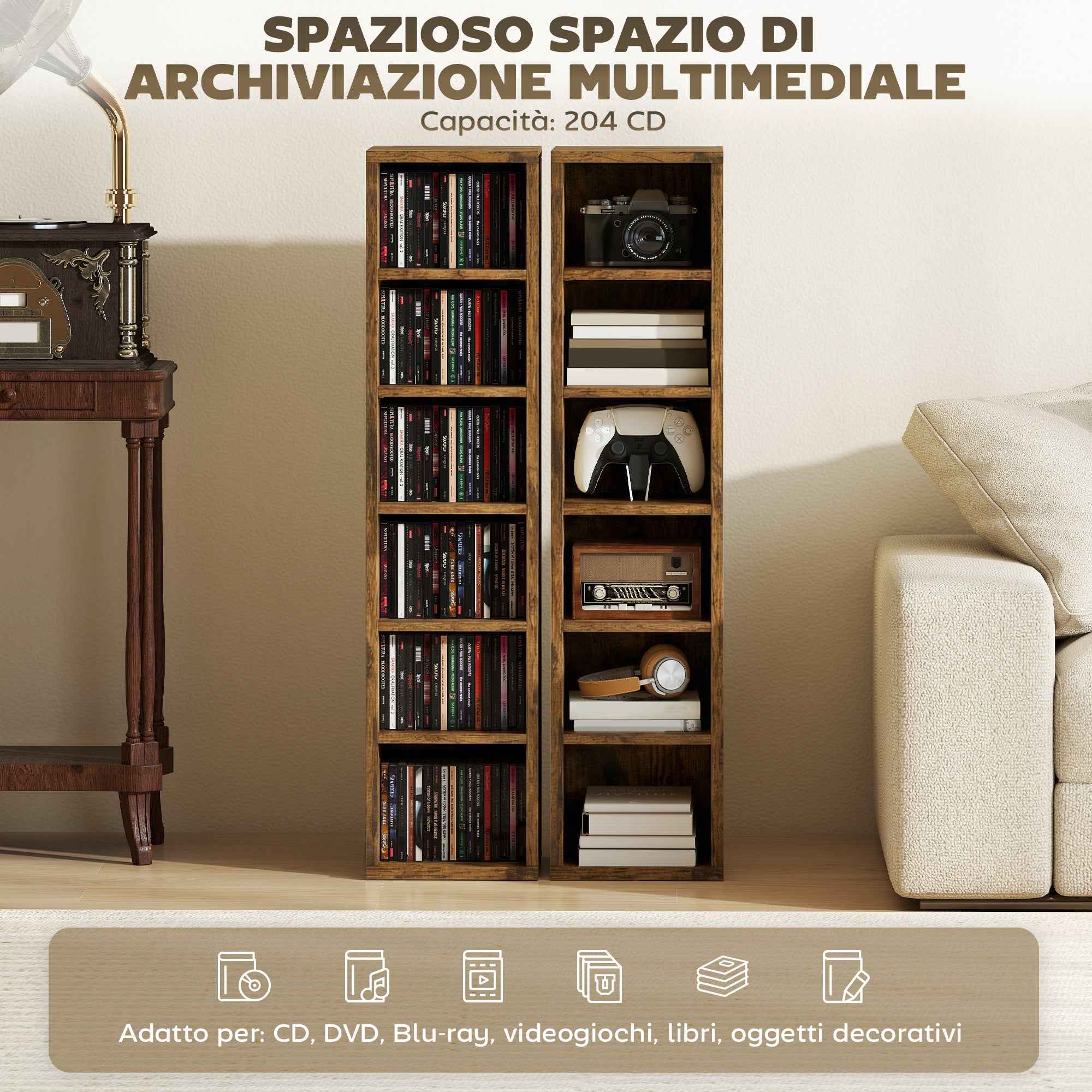 HOMCOM Set of 2 CD Racks with Adjustable Shelves for 204 CDs, Wooden, 21x22.5x88.5 cm, Rustic Brown