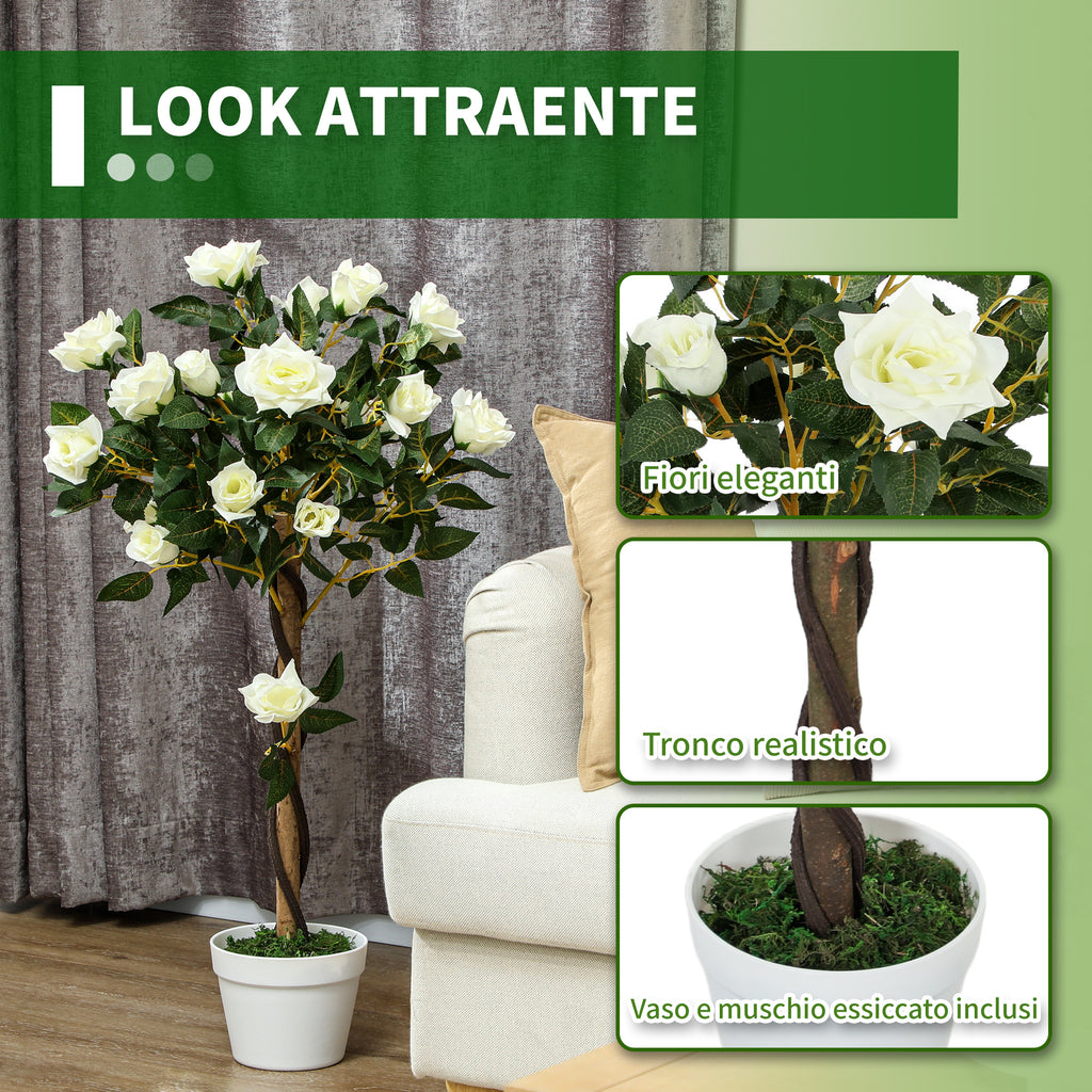 Outsunny 21-Flower Fake Rose Plant with Cement and Moss-Filled Pot, Ø18x90 cm, White