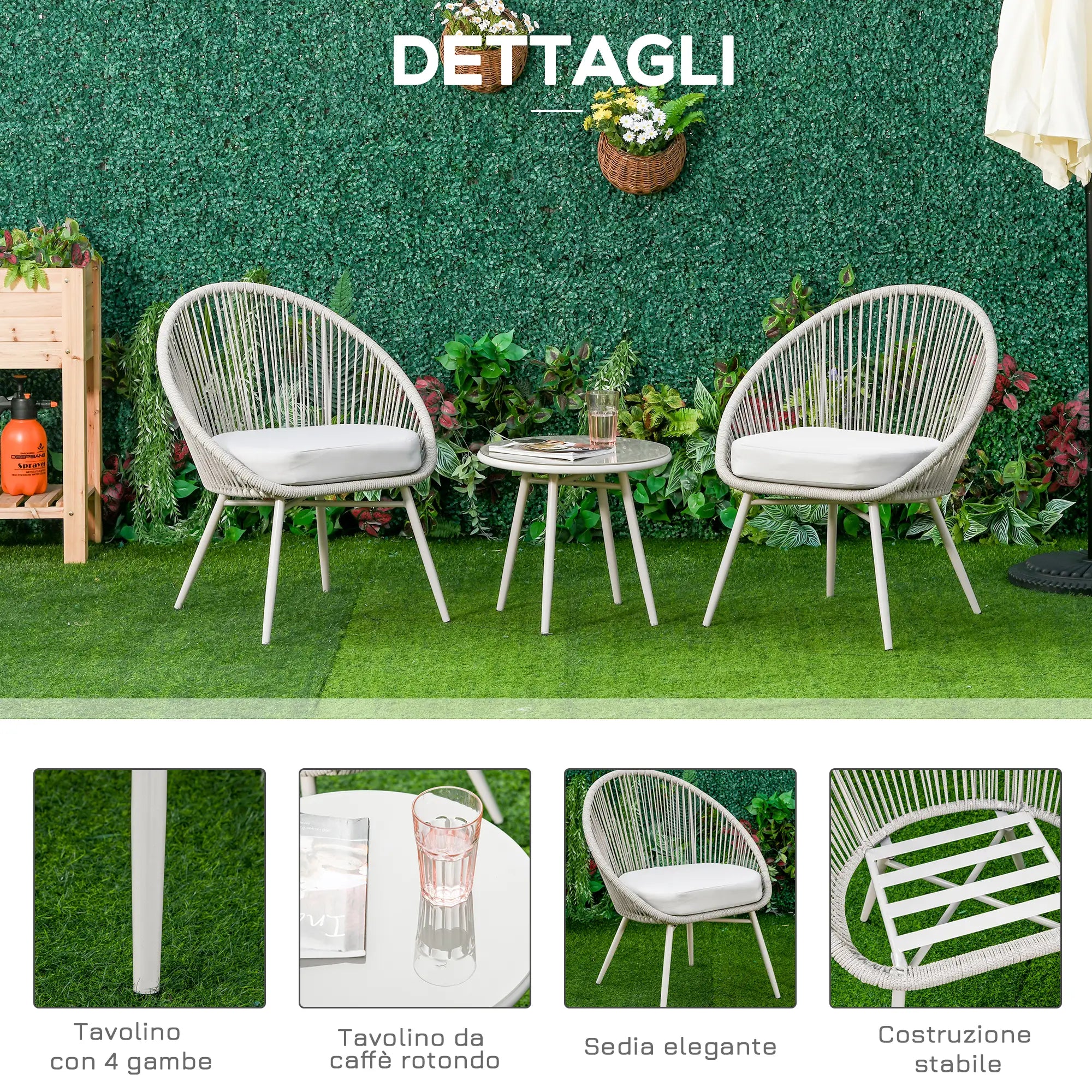 Boho Style Synthetic Rattan Garden Set with Coffee Table and 2 Chairs, Cream White - Borge' Group Limited