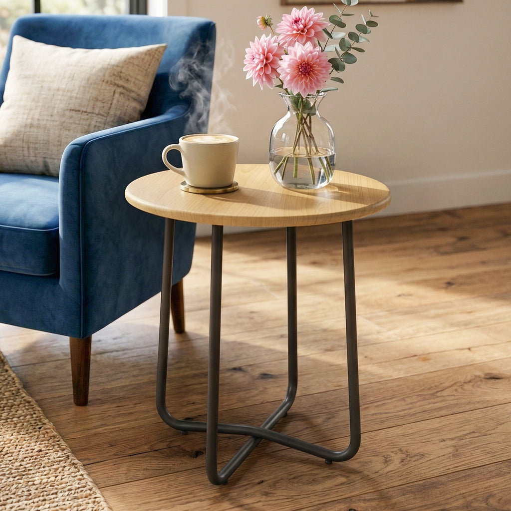 Outsunny Round Metal Garden Table, Ø48x51 cm, Natural Wood Effect